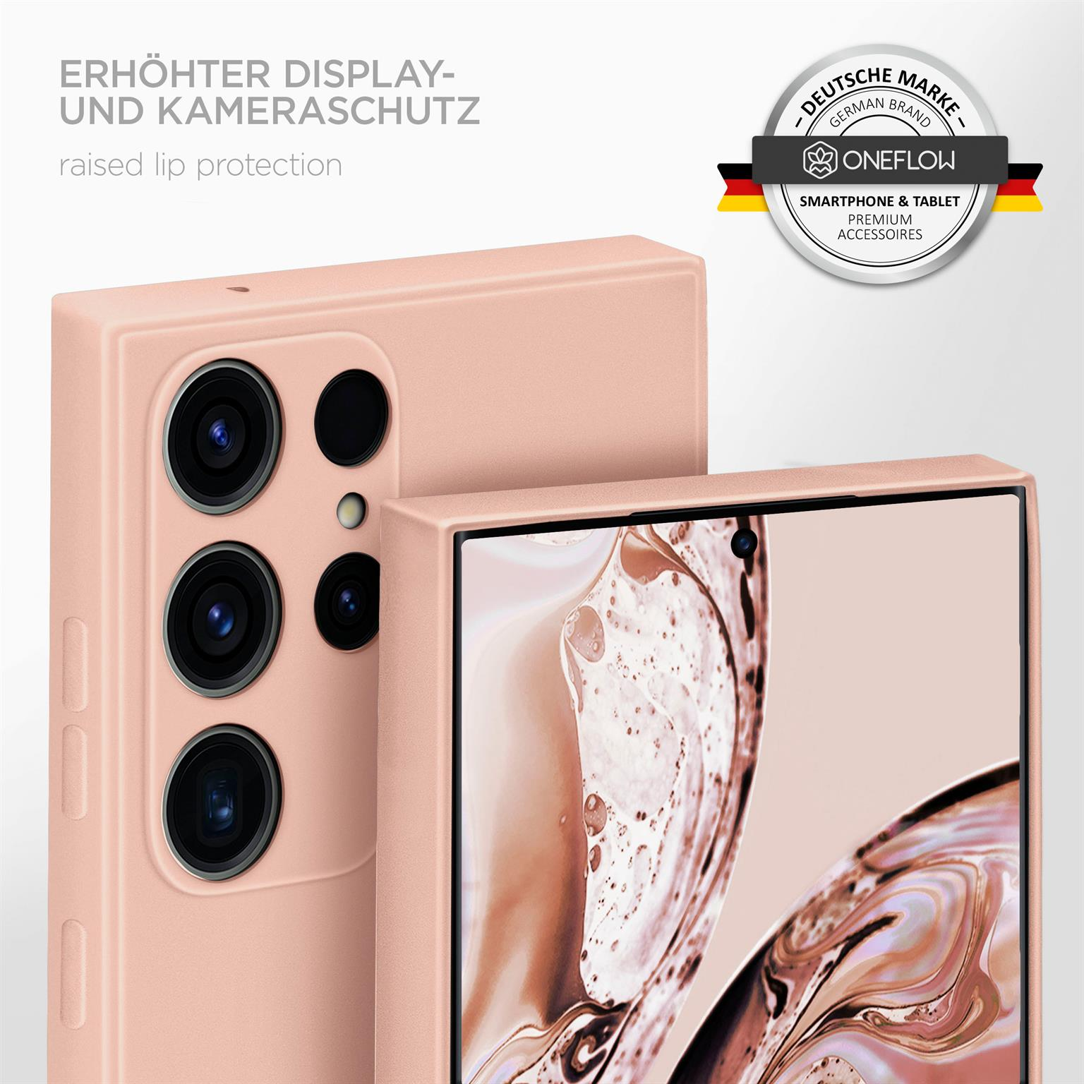Rosa Telefon und Case mit erhöhtem Kameraschutz. Ein Logo im Hintergrund.