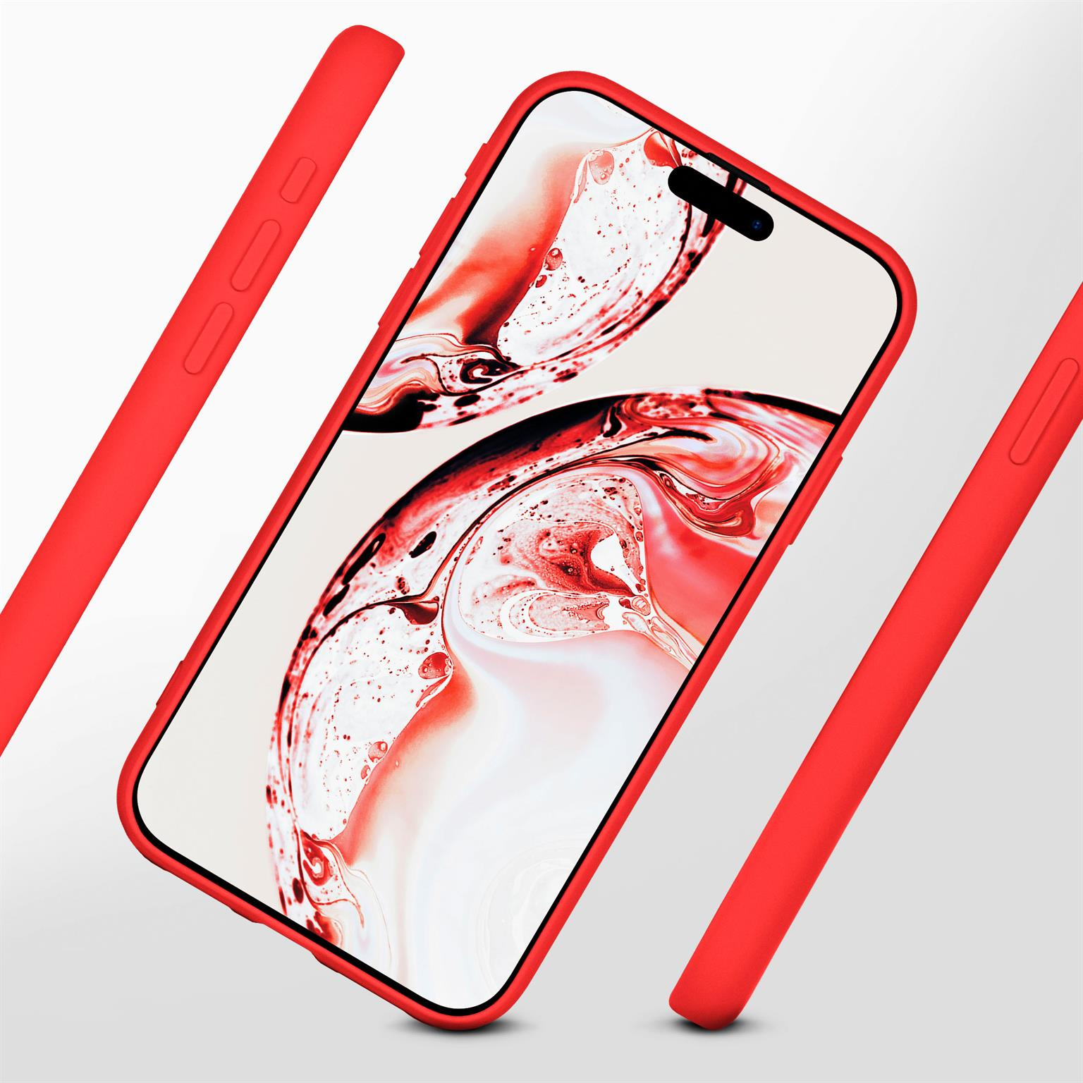 Ein rotes Telefon mit roter Hülle wird angezeigt, mit roten Hüllen an den Seiten. Weißer Hintergrund.
