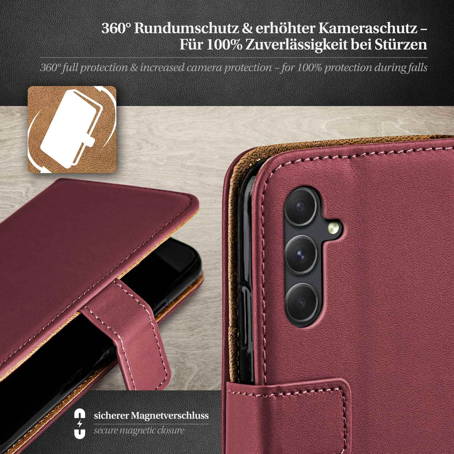 Burgunderfarbene Handyhülle mit Telefon. Mit sicherem Magnetverschluss und Kameraschutz.