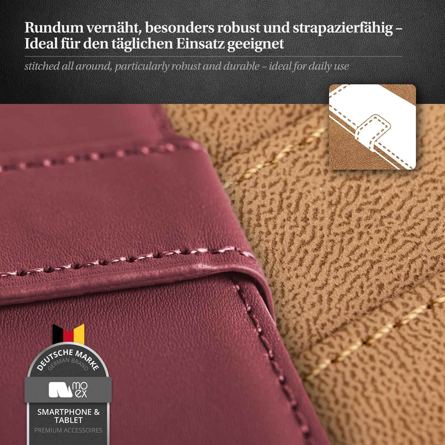 Nahaufnahme eines weinroten Gehäuses mit Nähten und einer braunen strukturierten Oberfläche.