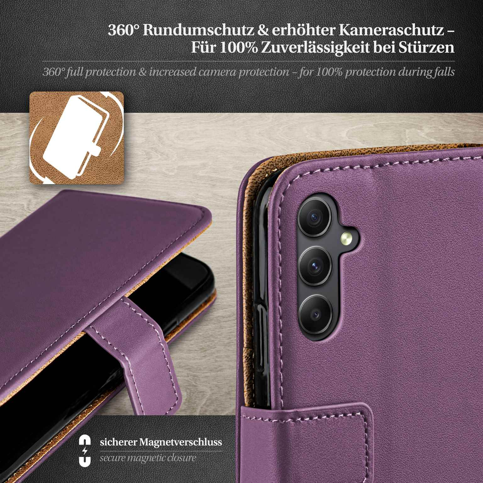 Lila Handyhülle mit Telefon. Text: 360° Schutz. Ein sicherer Magnetverschluss ist sichtbar.