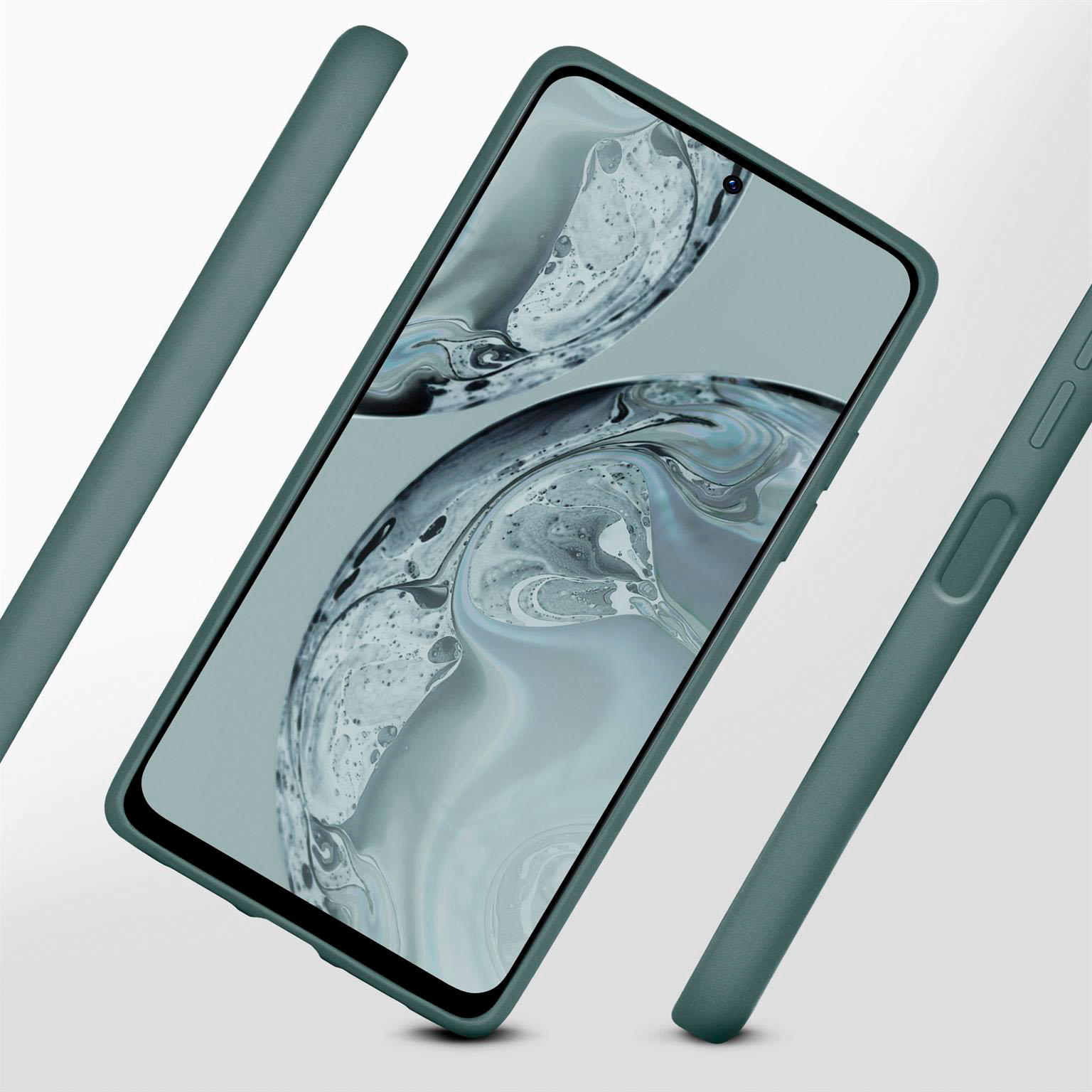 Ein Telefon mit grüner Hülle und drei unterstützenden Elementen. Die Hülle ist geöffnet und zeigt den Bildschirm des Telefons.