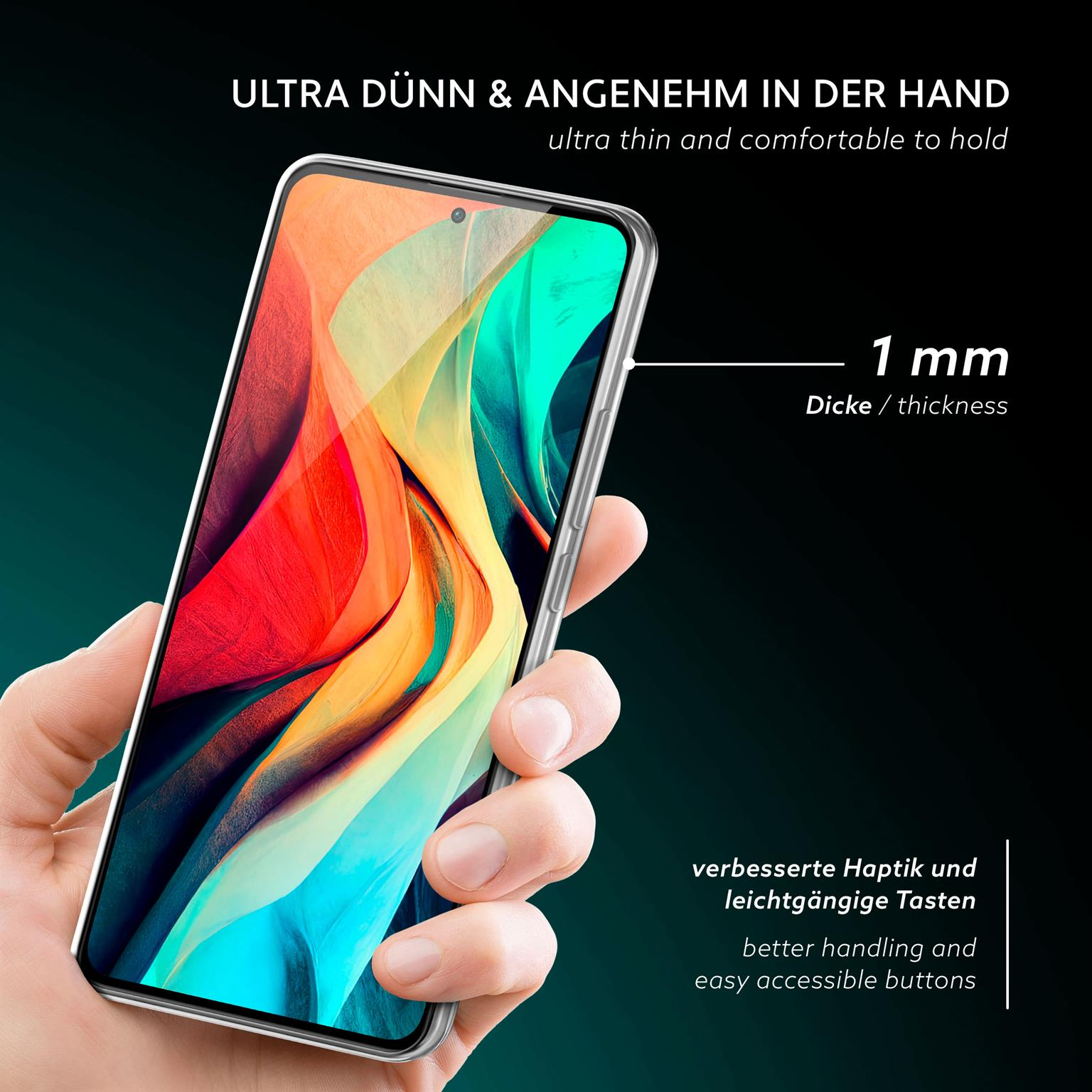 Hand hält Telefon mit klarer Hülle, zeigt Dicke.