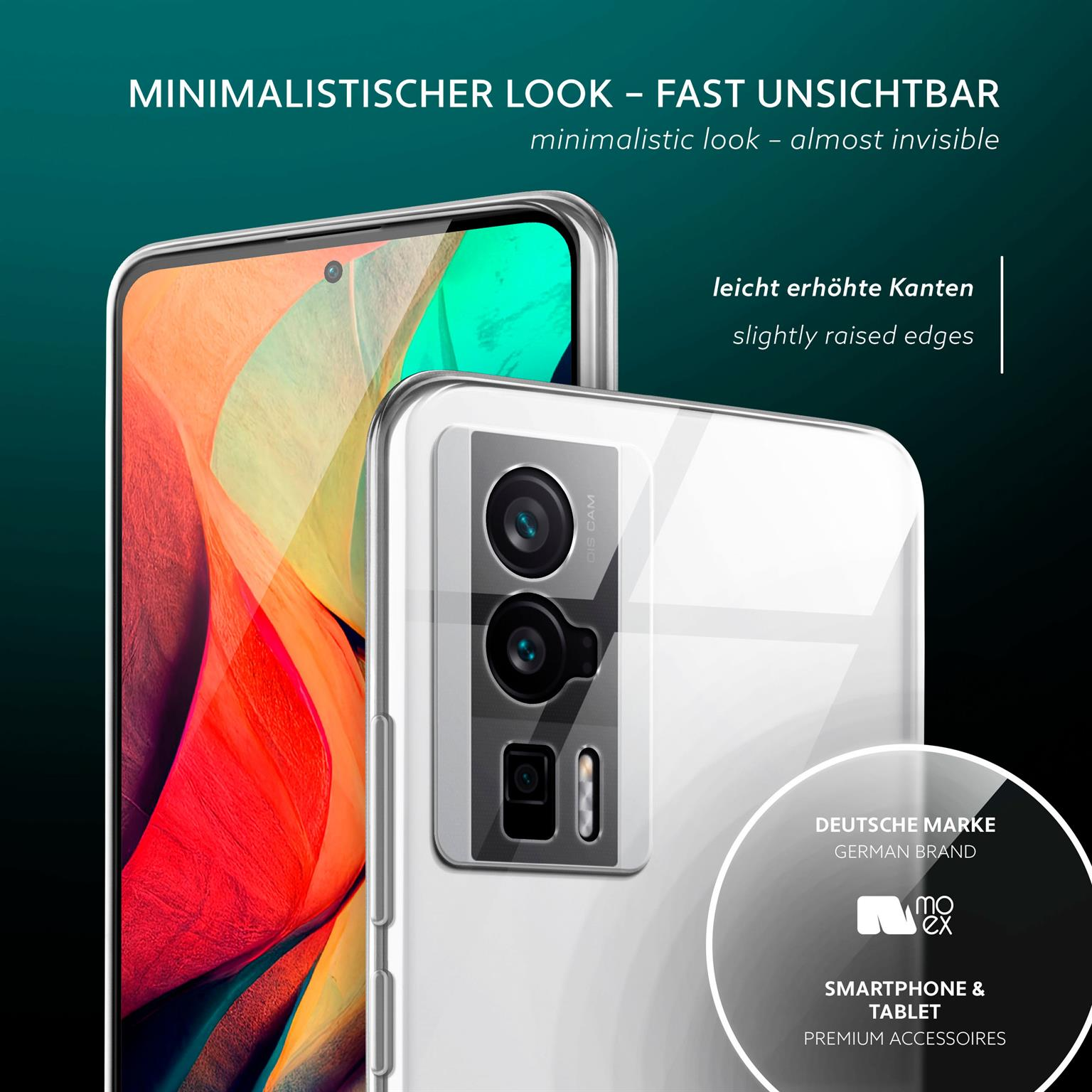 Telefon in einer Hülle. Text: Minimalistischer Look, leicht erhöhte Kanten.