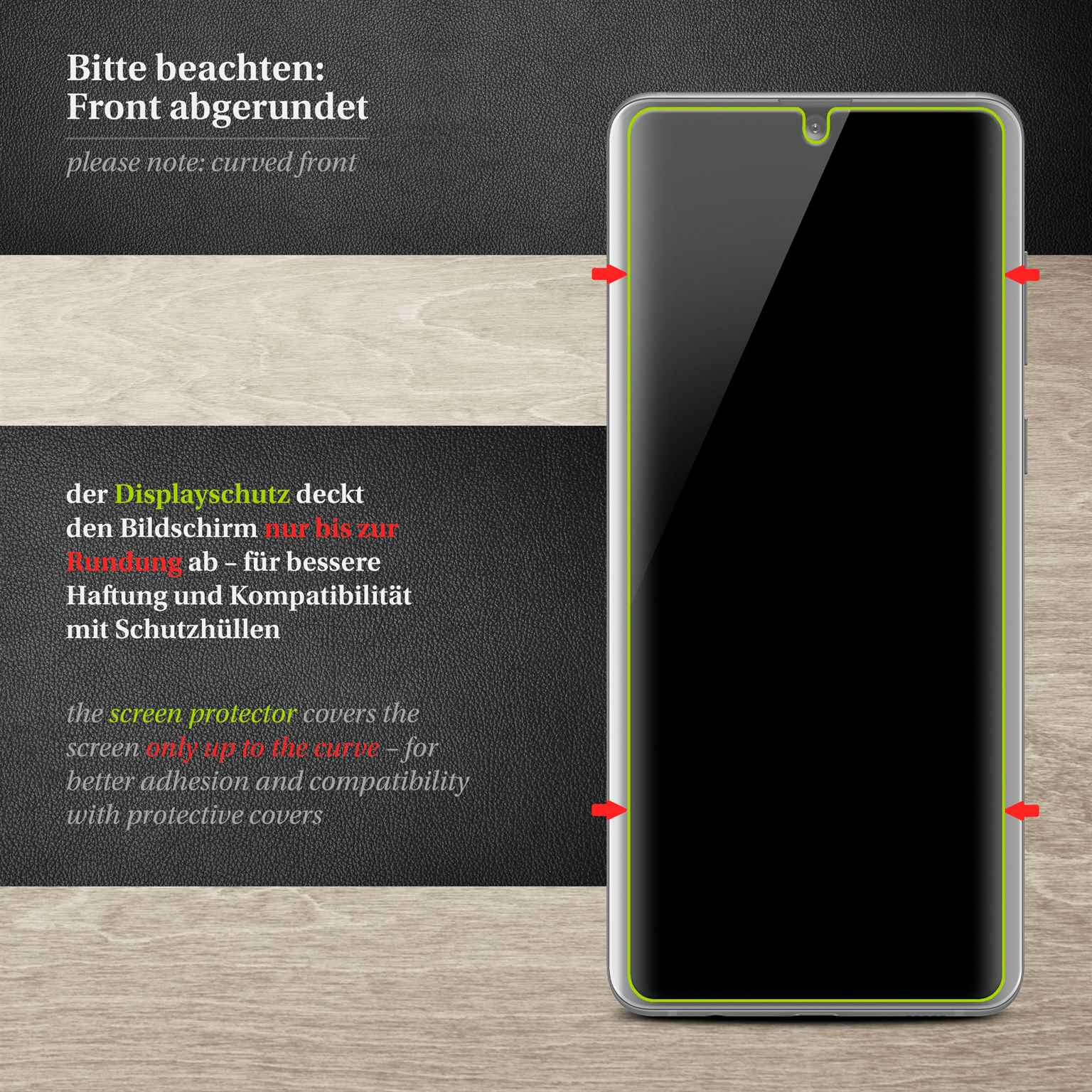 Ein Displayschutz auf einem Telefon, mit Textbeschriftungen und roten Pfeilen.