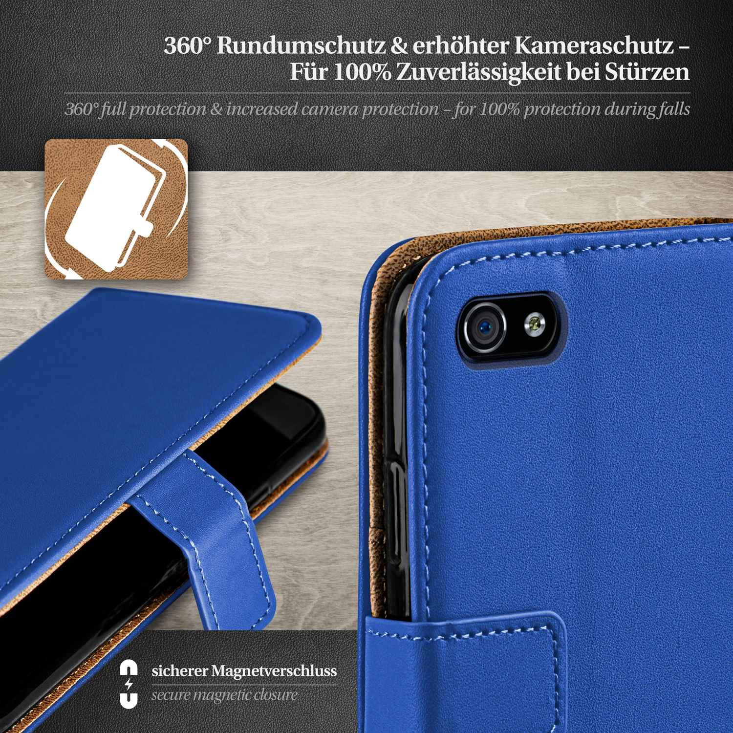 Blaue Handyhülle mit Telefon. Die Hülle ist offen. Magnetverschluss ist auch sichtbar.