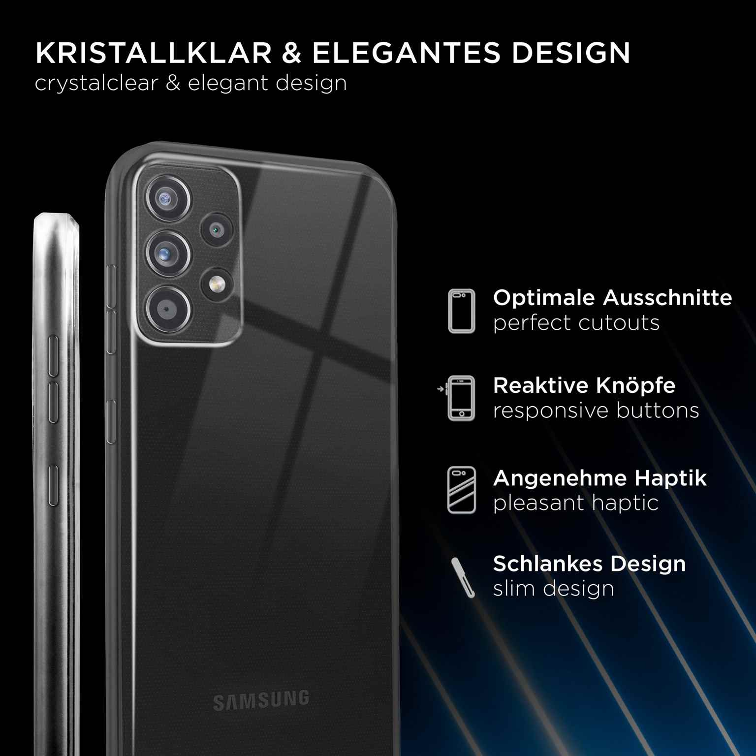 Schwarzes Telefon in klarer Hülle. Text: Kristallklares & elegantes Design.