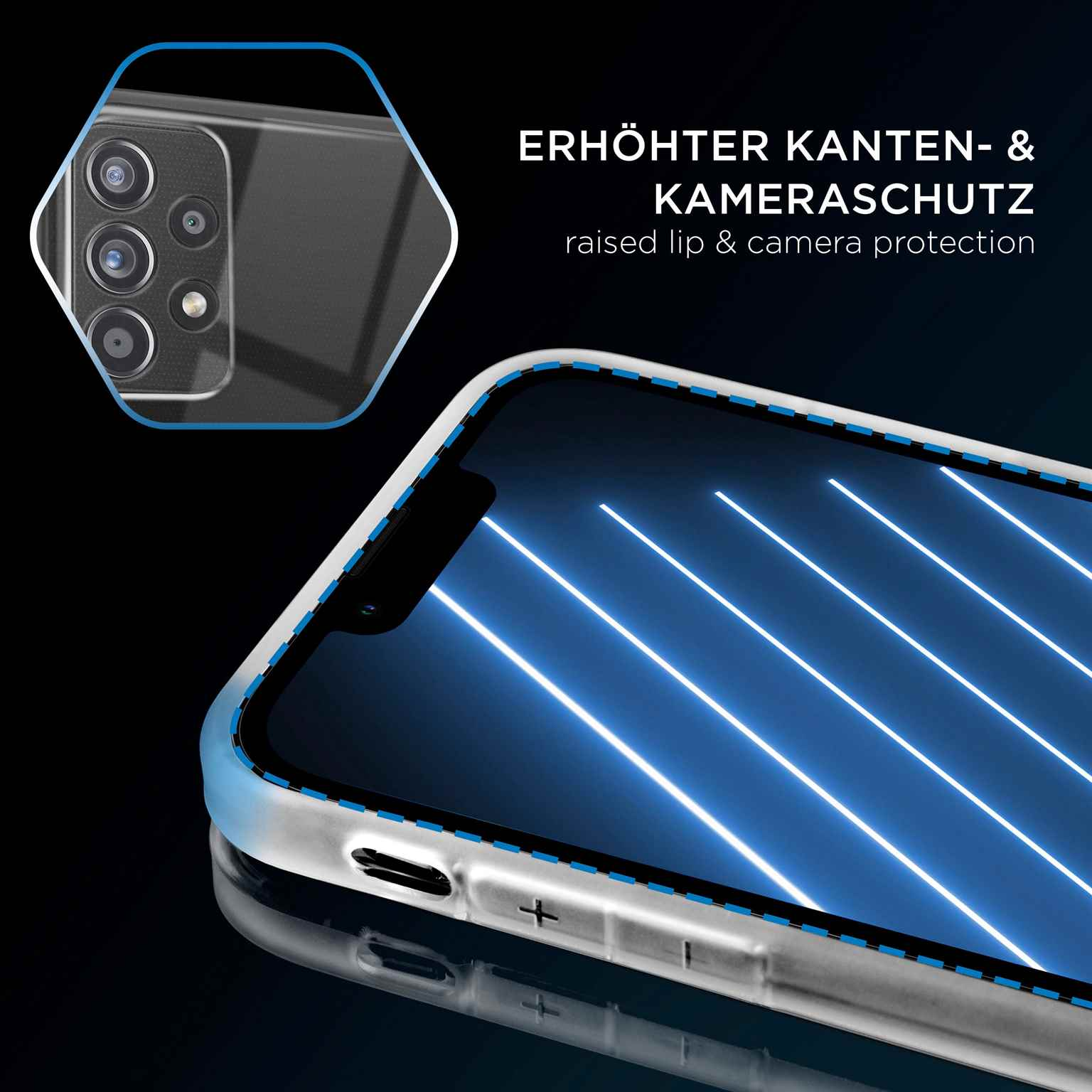Eine Handyhülle mit transparentem Rücken und blauen Akzenten, Kamera und Bildschirm.