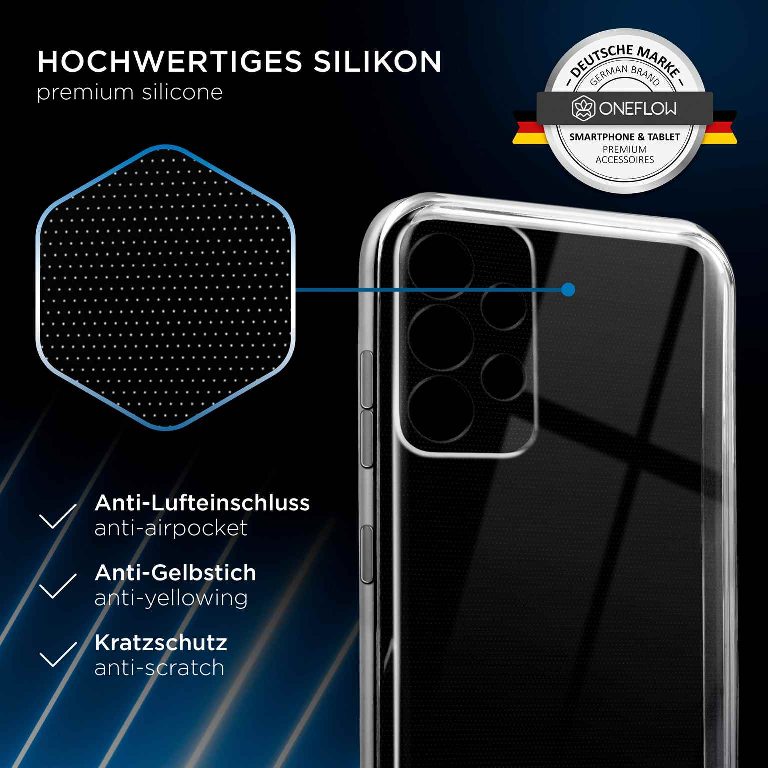 Nahaufnahme einer Handyhülle. Text hebt Premium-Silikon, Anti-Luftblasen, Anti-Vergilbung und Kratzschutz hervor.