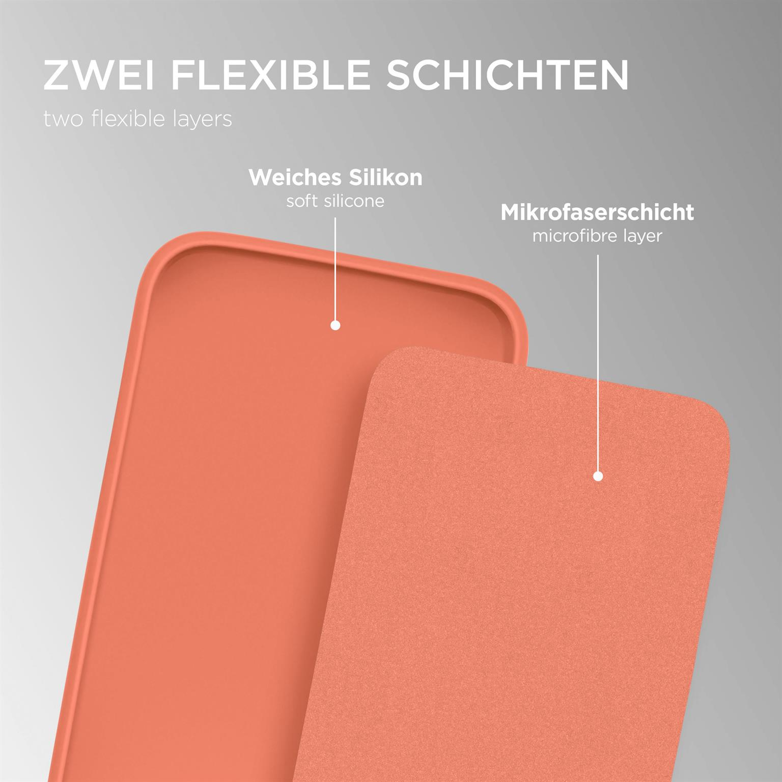 Zwei Schichten einer orangefarbenen Handyhülle, weiches Silikon und Mikrofaser.