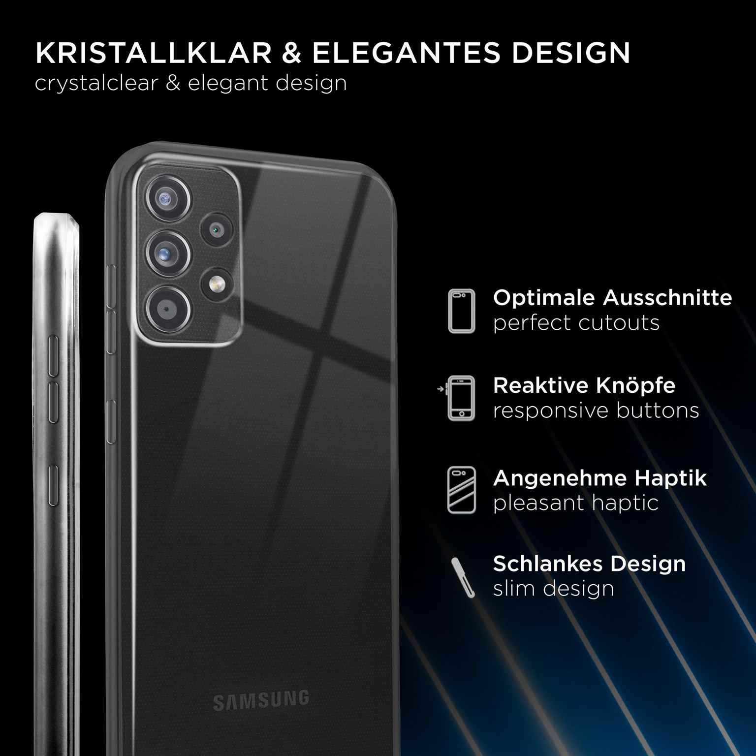 Transparente Handyhülle mit schwarzem Telefon. Das Telefon hat Kameras. Weißer Hintergrund. Symbole auf der rechten Seite. Samsung-Logo.