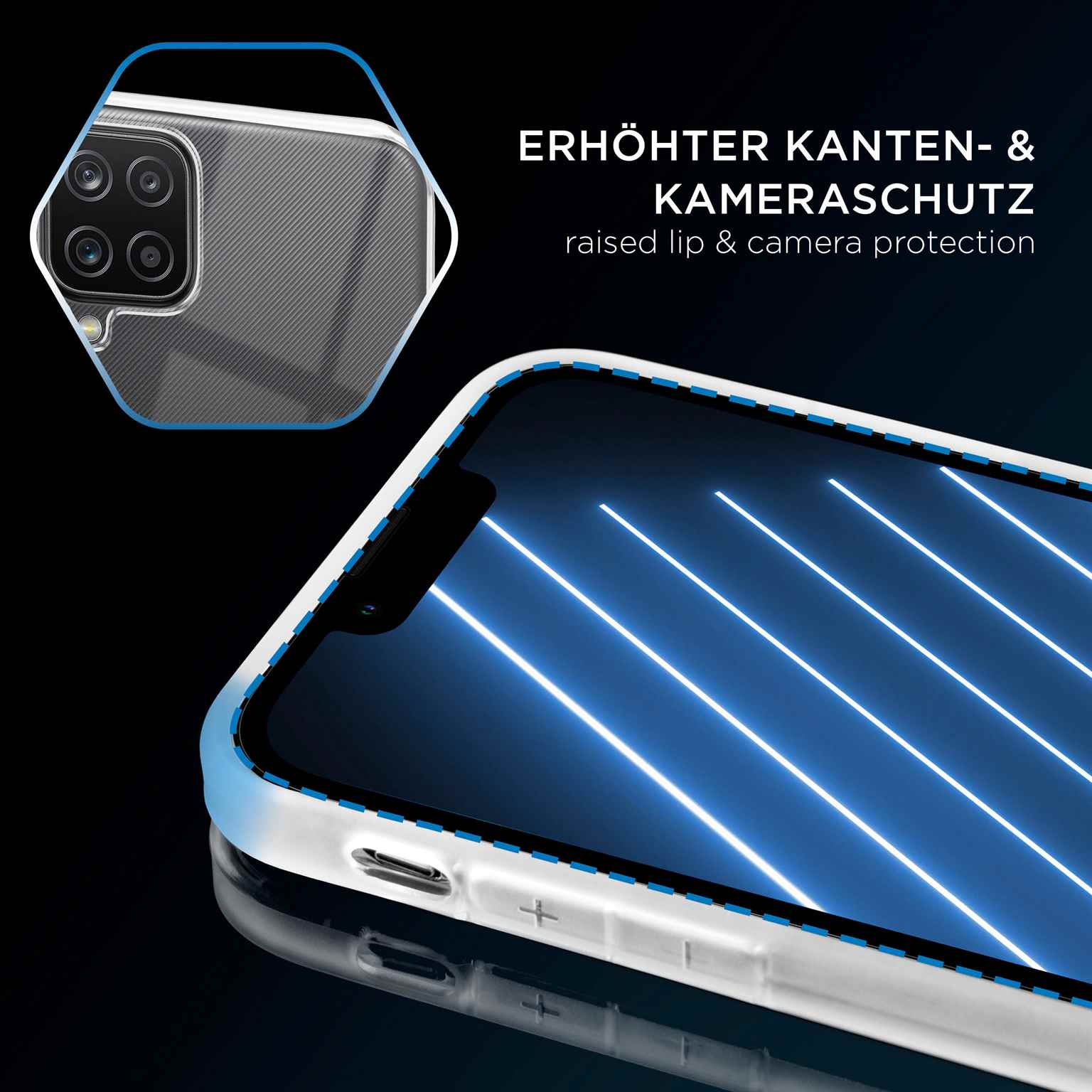 Telefon mit Hülle und Displayschutz. Die Hülle schützt Kamera und Bildschirm.