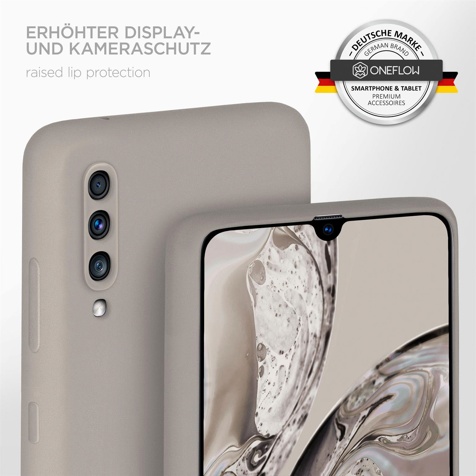 Handyhülle mit erhöhtem Lippenschutz. Telefon hat drei Kameras. Moex-Marke.