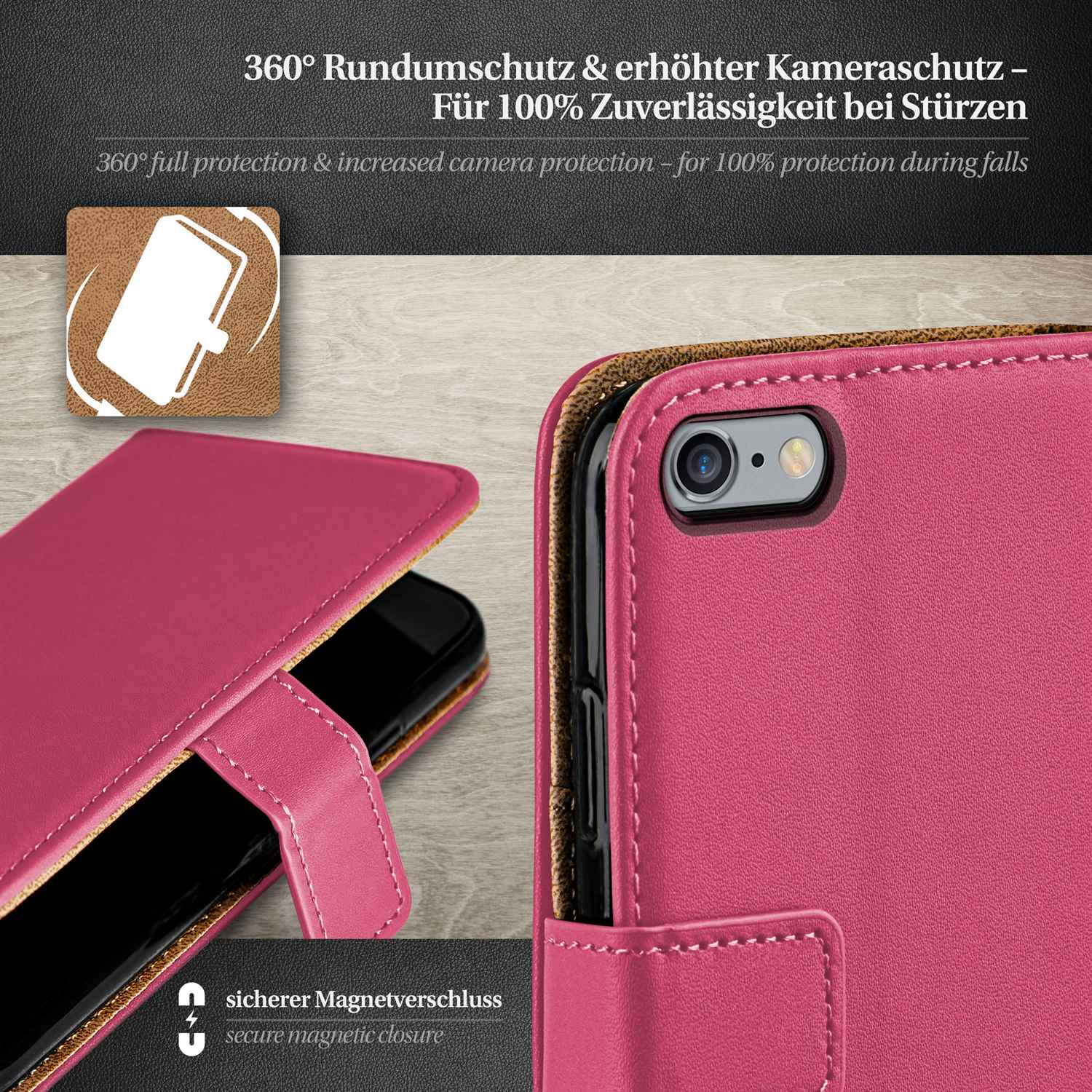 Telefon in einer rosa Hülle. Die Hülle hat einen Magnetverschluss und schützt das Telefon.