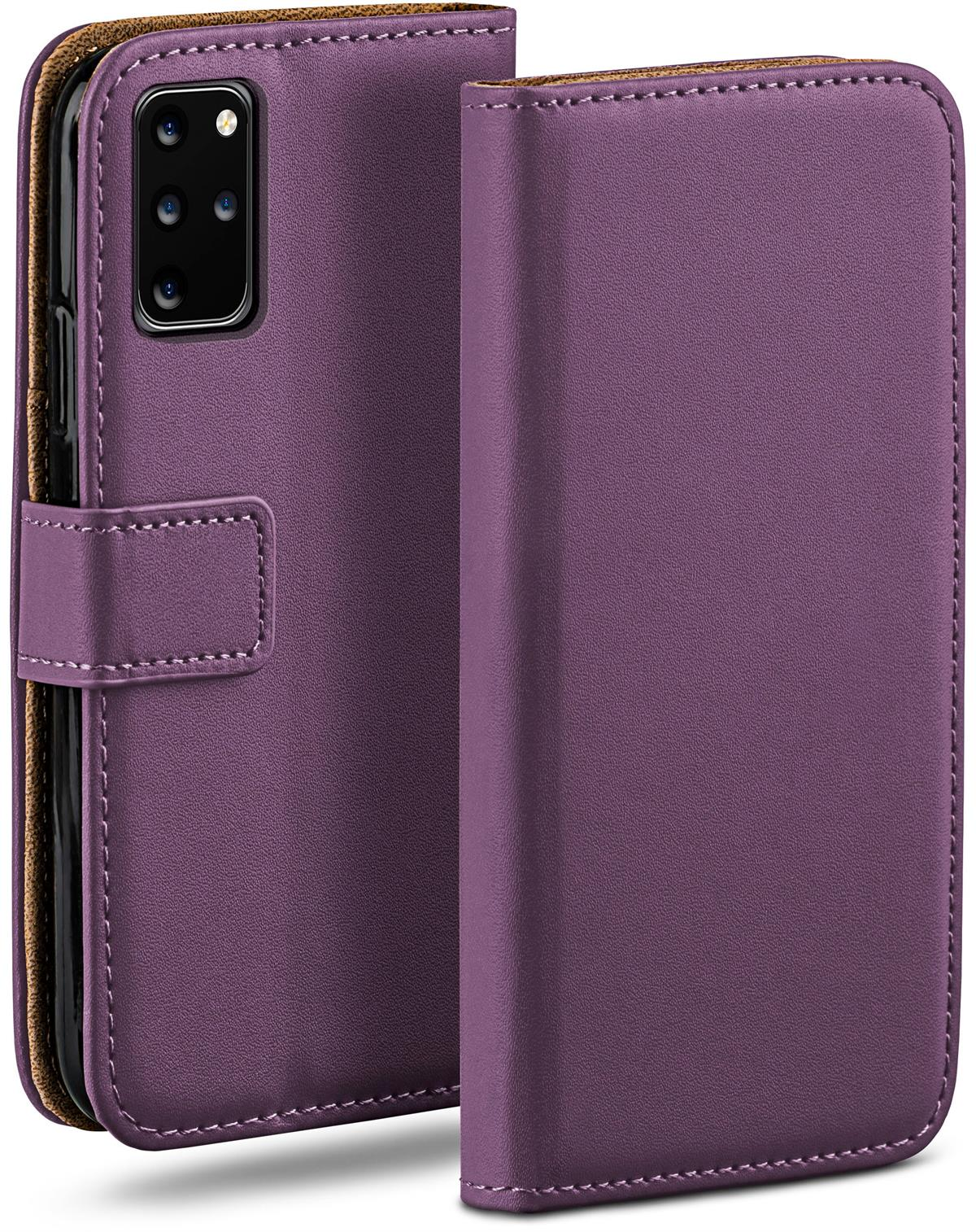 Lila Leder-Handyhülle, geschlossen. Telefon mit sichtbarer Kamera.