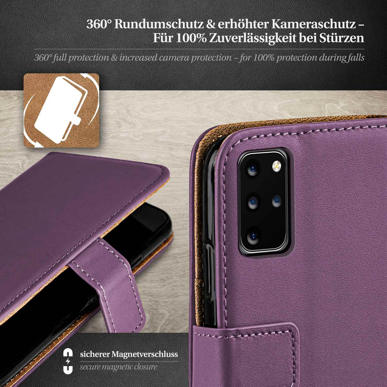 Lila Handyhülle mit Telefon. Offen, mit sicherem Magnetverschluss.