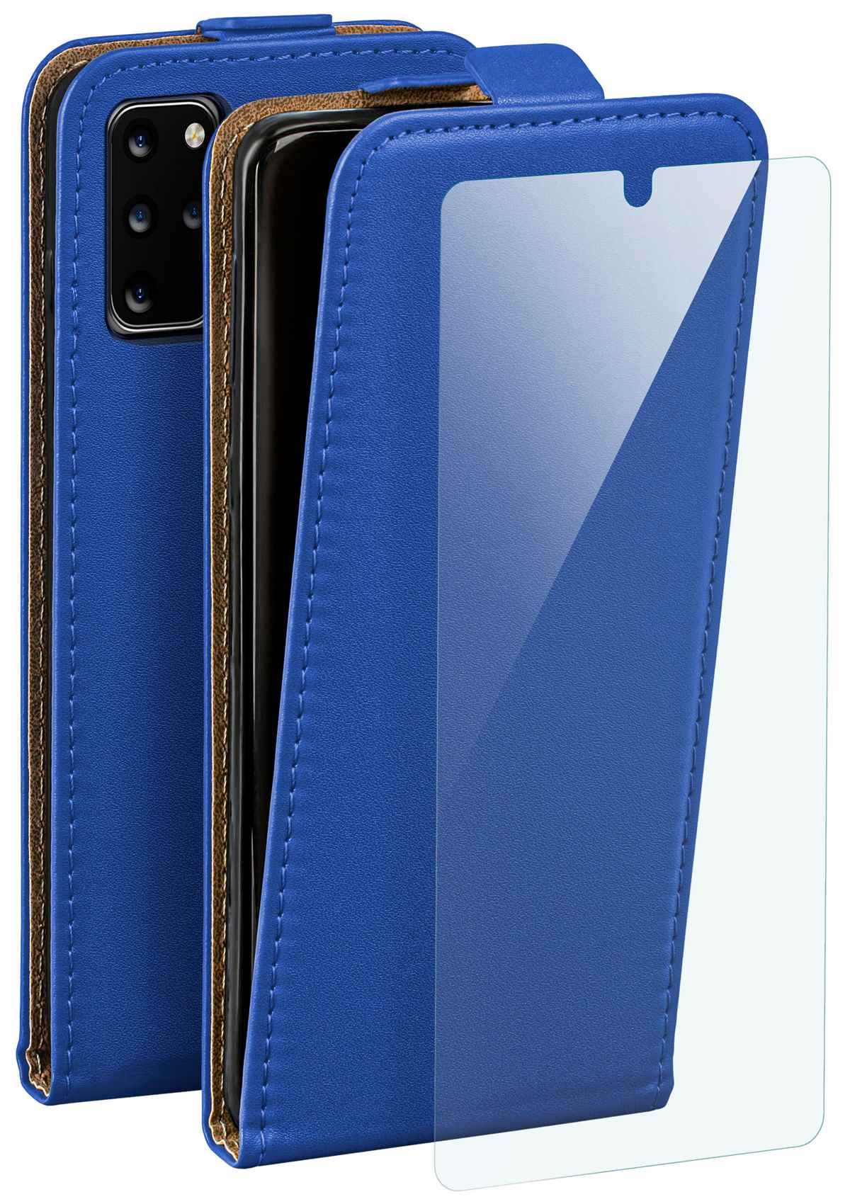 Eine blaue Handyhülle, offen, um ein Telefon und einen Displayschutz zu zeigen. Hülle hat Nähte und Magnetverschluss.