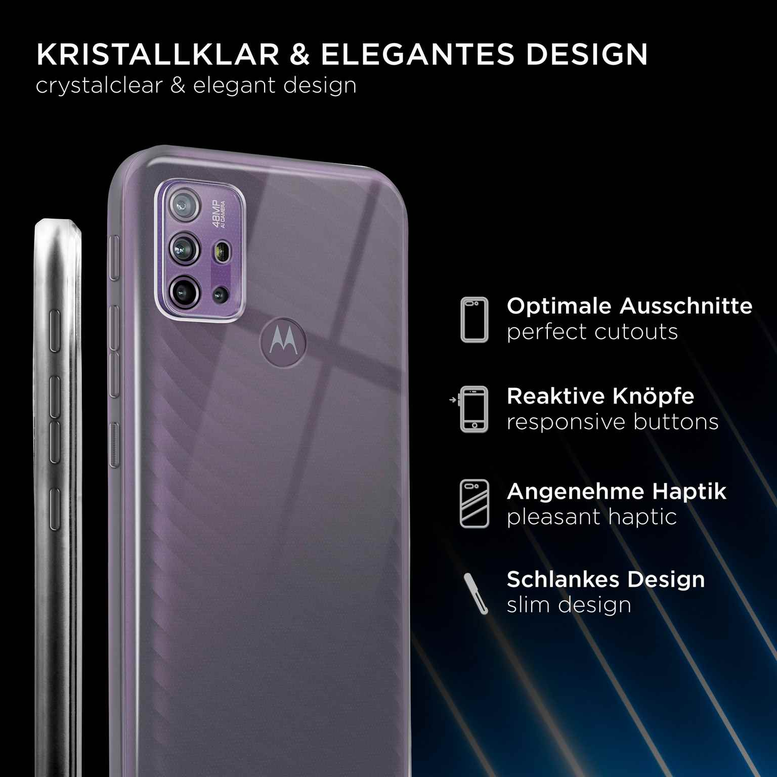 Eine transparente Handyhülle über einem Telefon. Zu den Merkmalen gehören perfekte Ausschnitte und reaktionsschnelle Tasten.