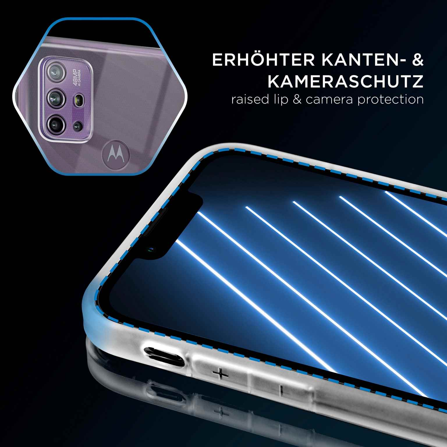 Das Bild zeigt eine Handyhülle mit erhöhtem Lippenschutz. Die Handyhülle ist transparent und hat ein Telefon darin.