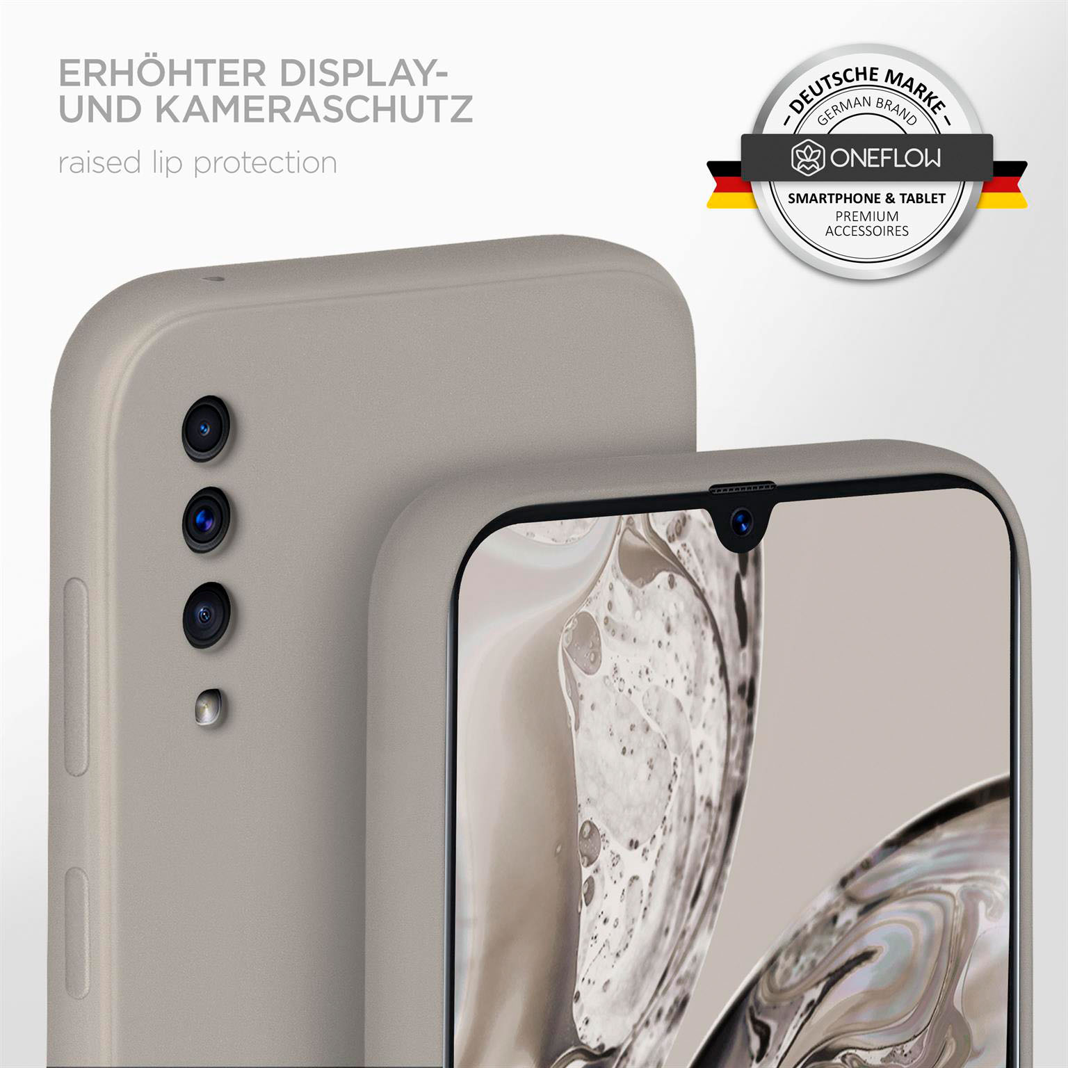 Nahaufnahme eines Telefons in einer grauen Hülle. Das Telefon hat drei Kameras.