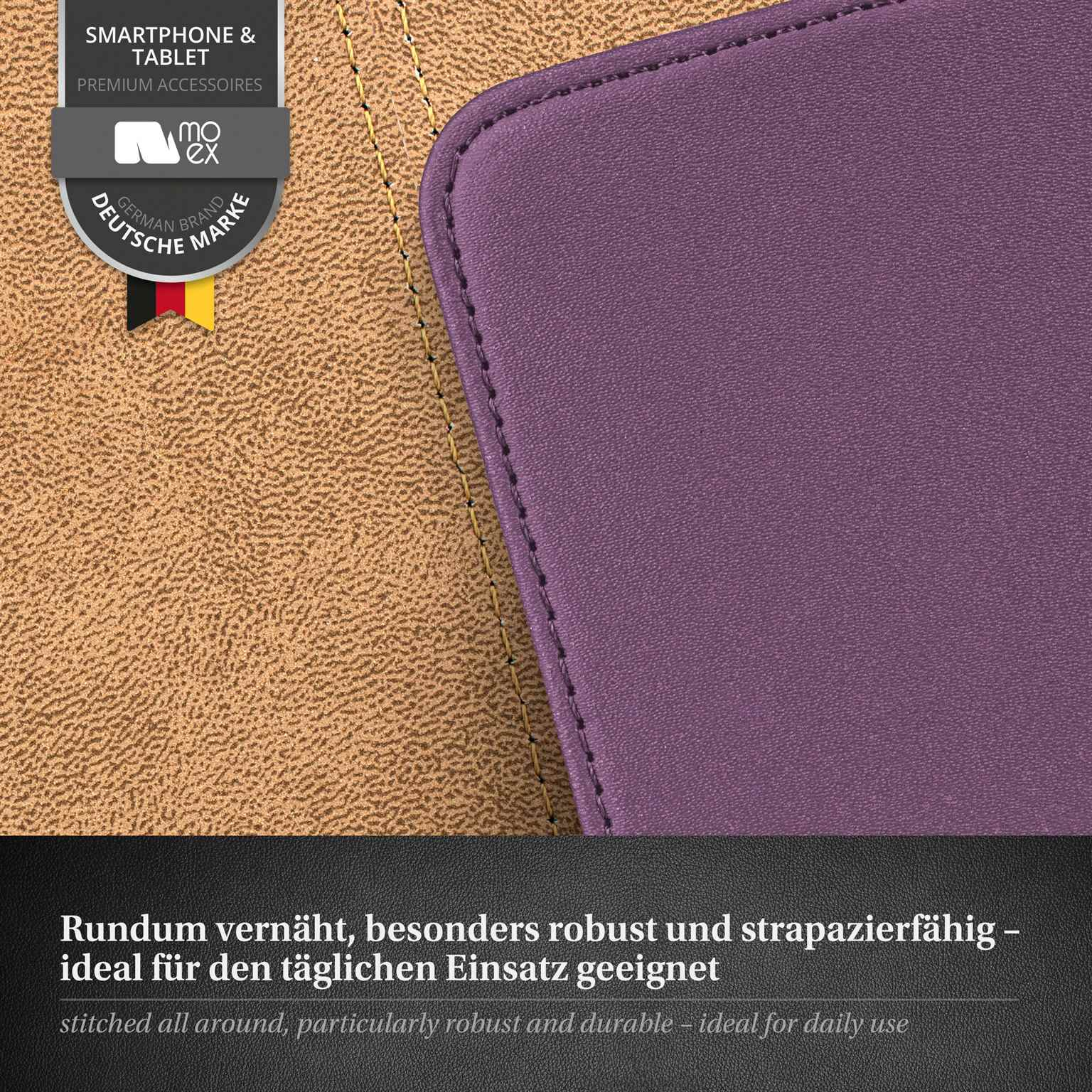 Nahaufnahme einer lila Handyhülle. Braun-gelber Hintergrund.
