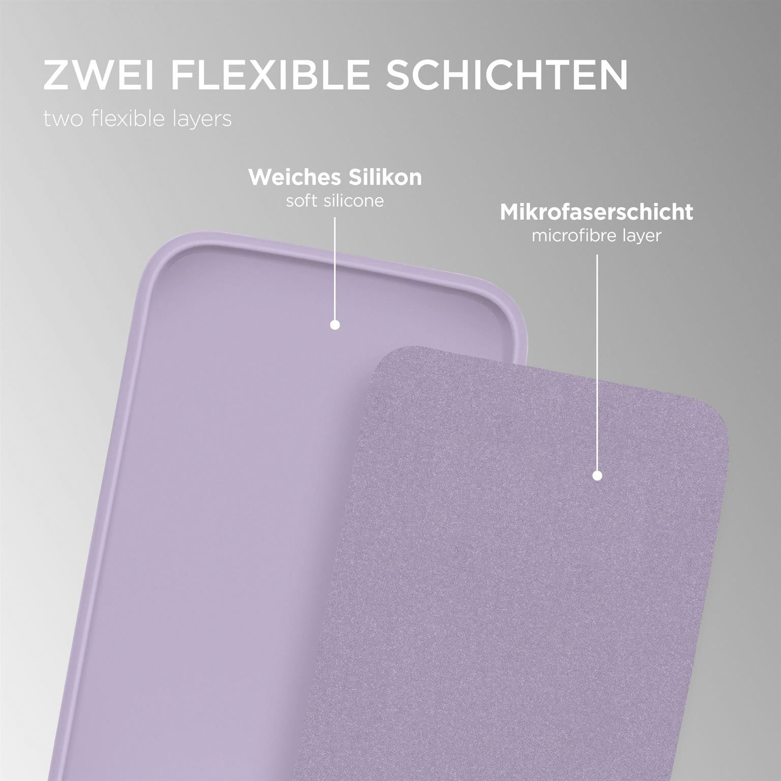 Zwei Schichten aus Silikon und Mikrofaser in einer lila Handyhülle.