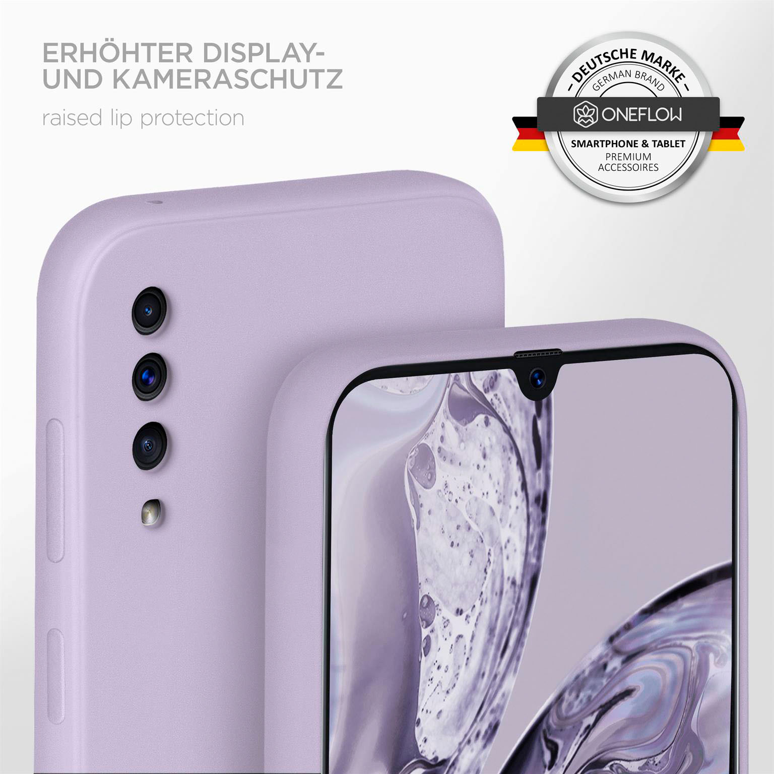 Ein Telefon in einer lila Hülle, mit erhöhtem Kameraschutz und dem Markenlogo.