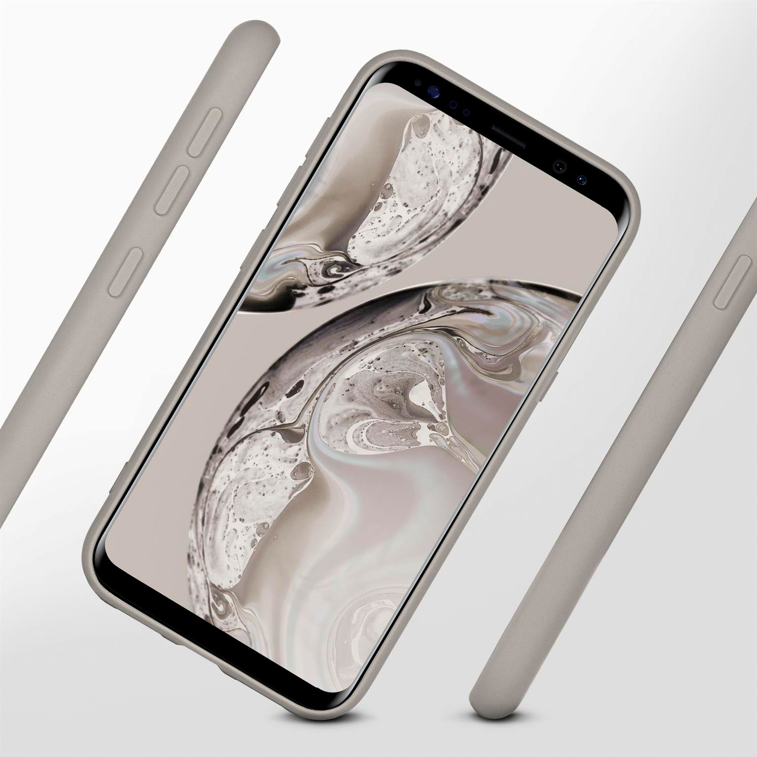 Graue Handyhülle mit geschlossenem Handy. Text über Silikonhülle.