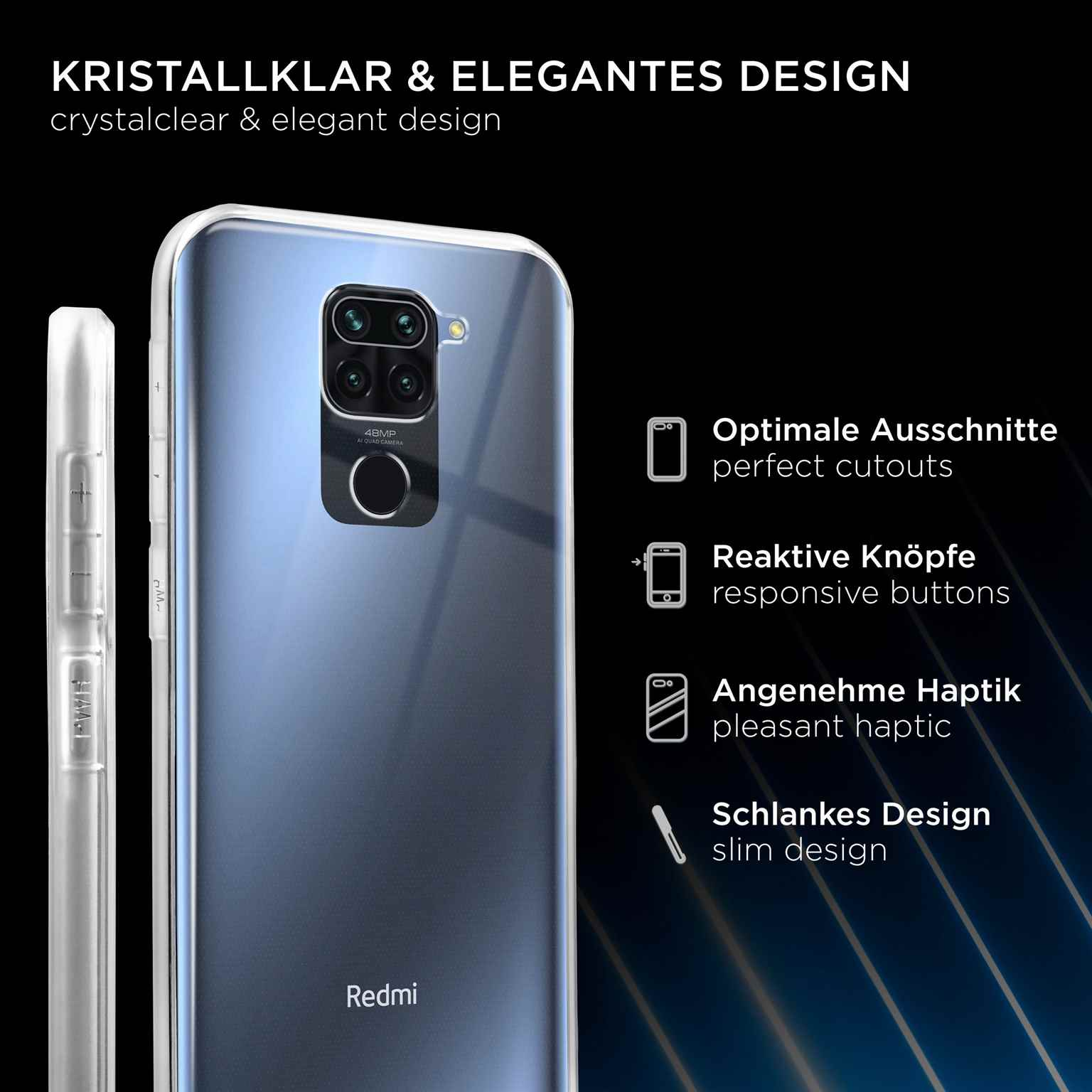 Transparente Handyhülle mit Handy. Text 'Kristallklar & elegantes Design'.