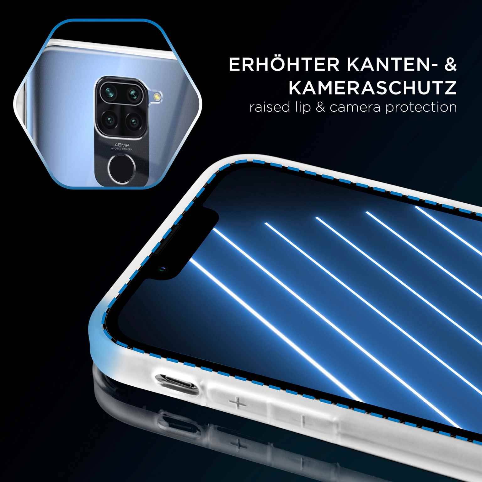 Telefon mit Hülle, mit blauem Lichtdesign.