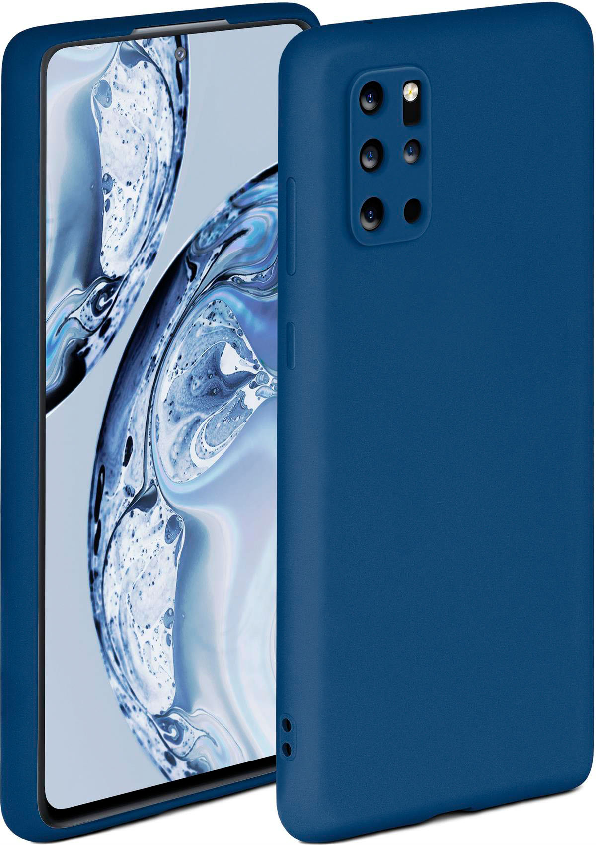 Blaue Handyhülle. Das Telefon ist innen. Die Hülle ist angewinkelt. Der Hintergrund ist weiß.
