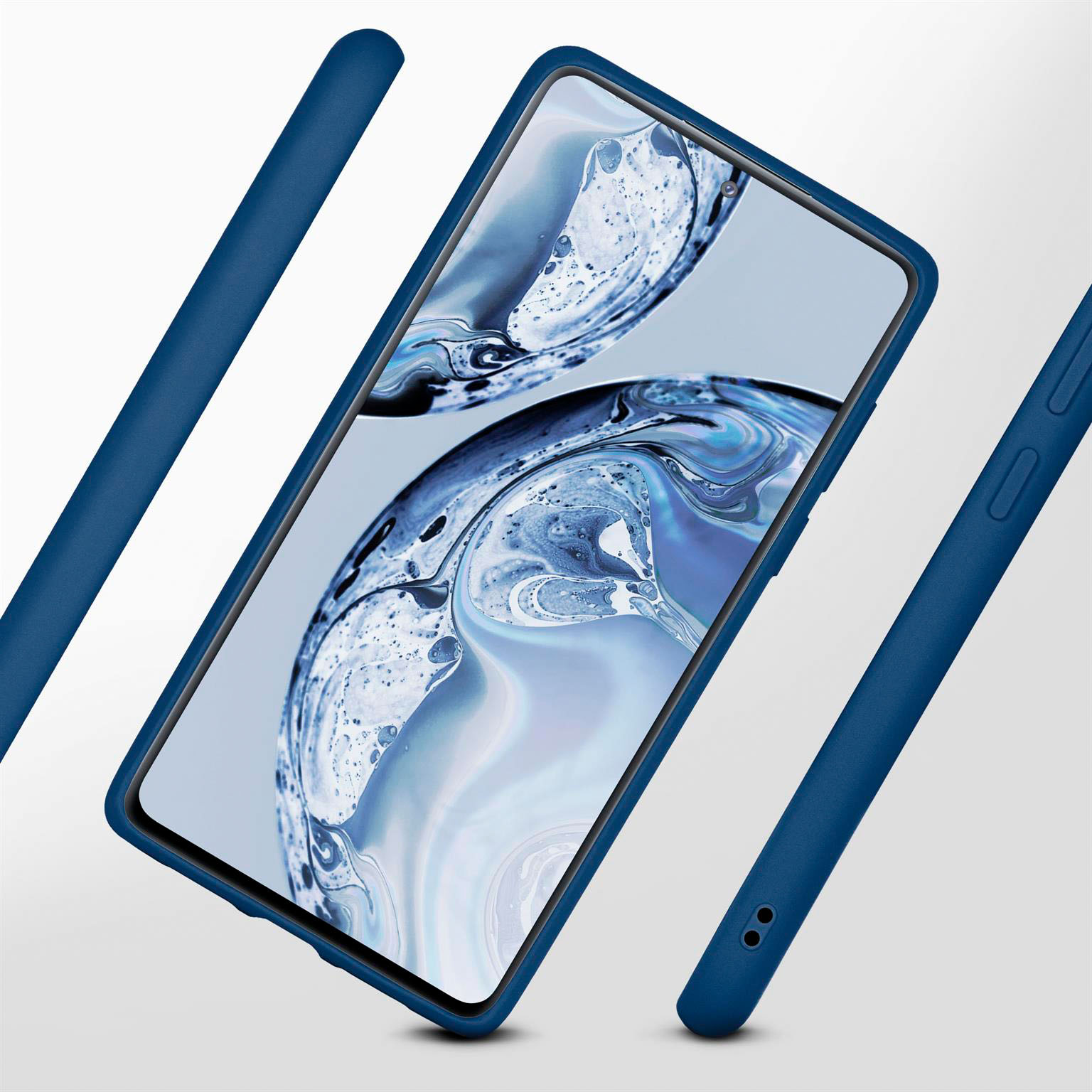 Eine blaue Handyhülle umgibt ein Telefon mit einem Bildschirm, der ein unscharfes Bild zeigt. Drei blaue Balken akzentuieren die Hülle.
