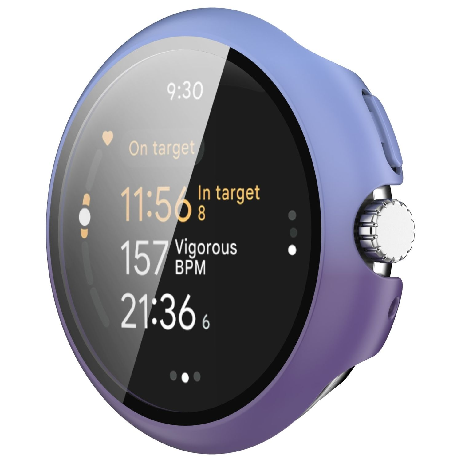 Smartwatch-Bildschirm zeigt Zeit, Herzfrequenz und andere Daten.