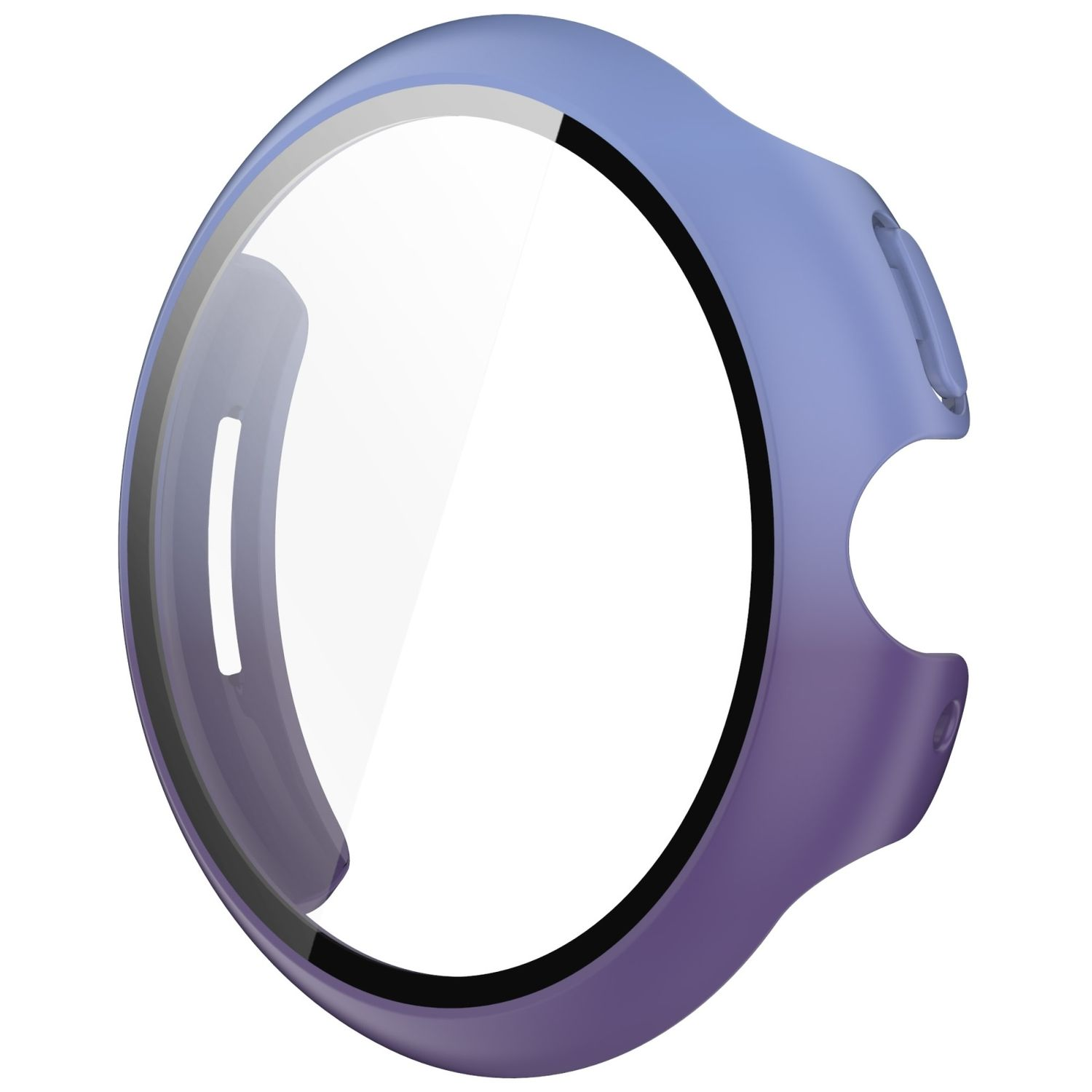 Smartwatch-Gehäuse, blau und lila. Das Gehäuse ist um die Uhr herum. Weißer Hintergrund. Die Uhr ist transparent.