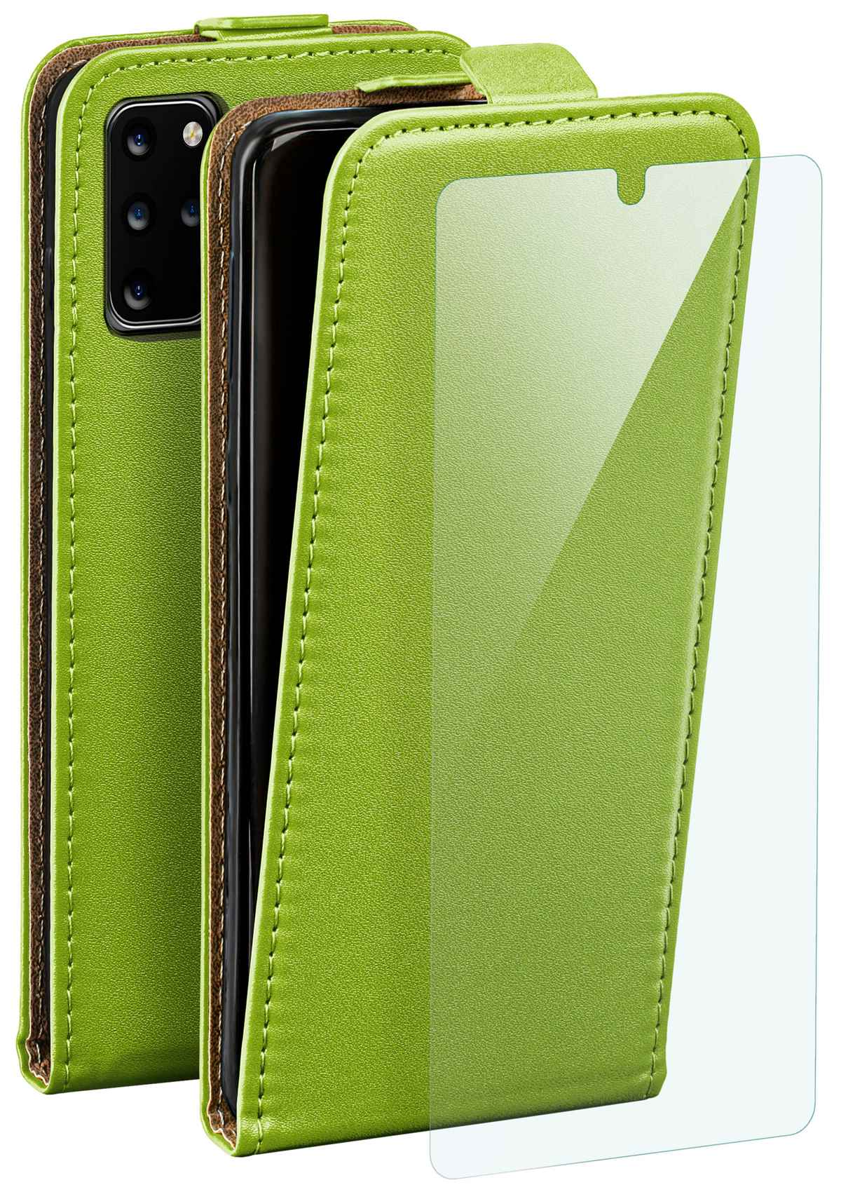 Grüne Handyhülle mit Handy, geöffnet, um den Bildschirm zu zeigen, und Displayschutzfolie an der Seite.
