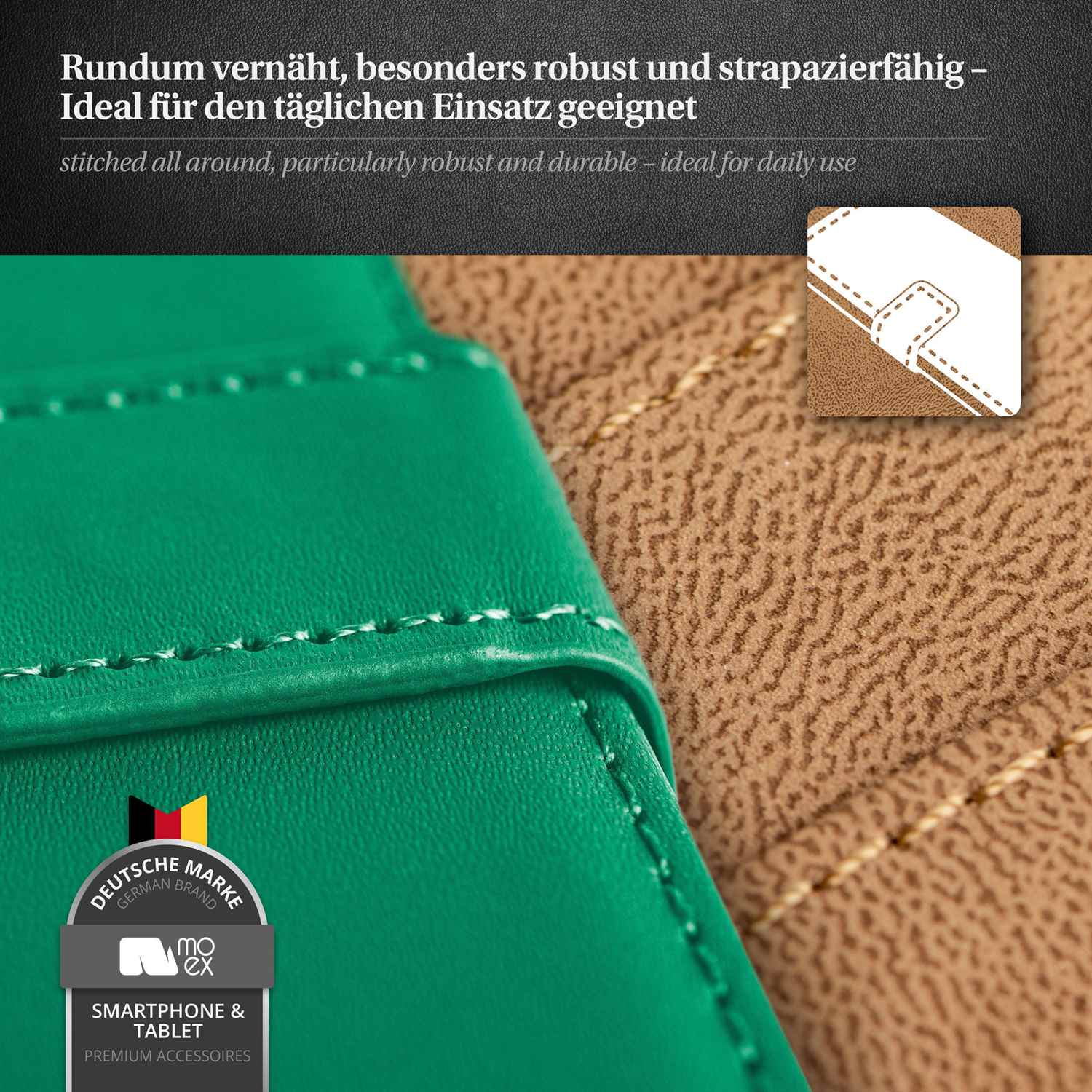 Grünes Handyhüllen-Detail mit Nähten und Logo auf braunem Hintergrund.