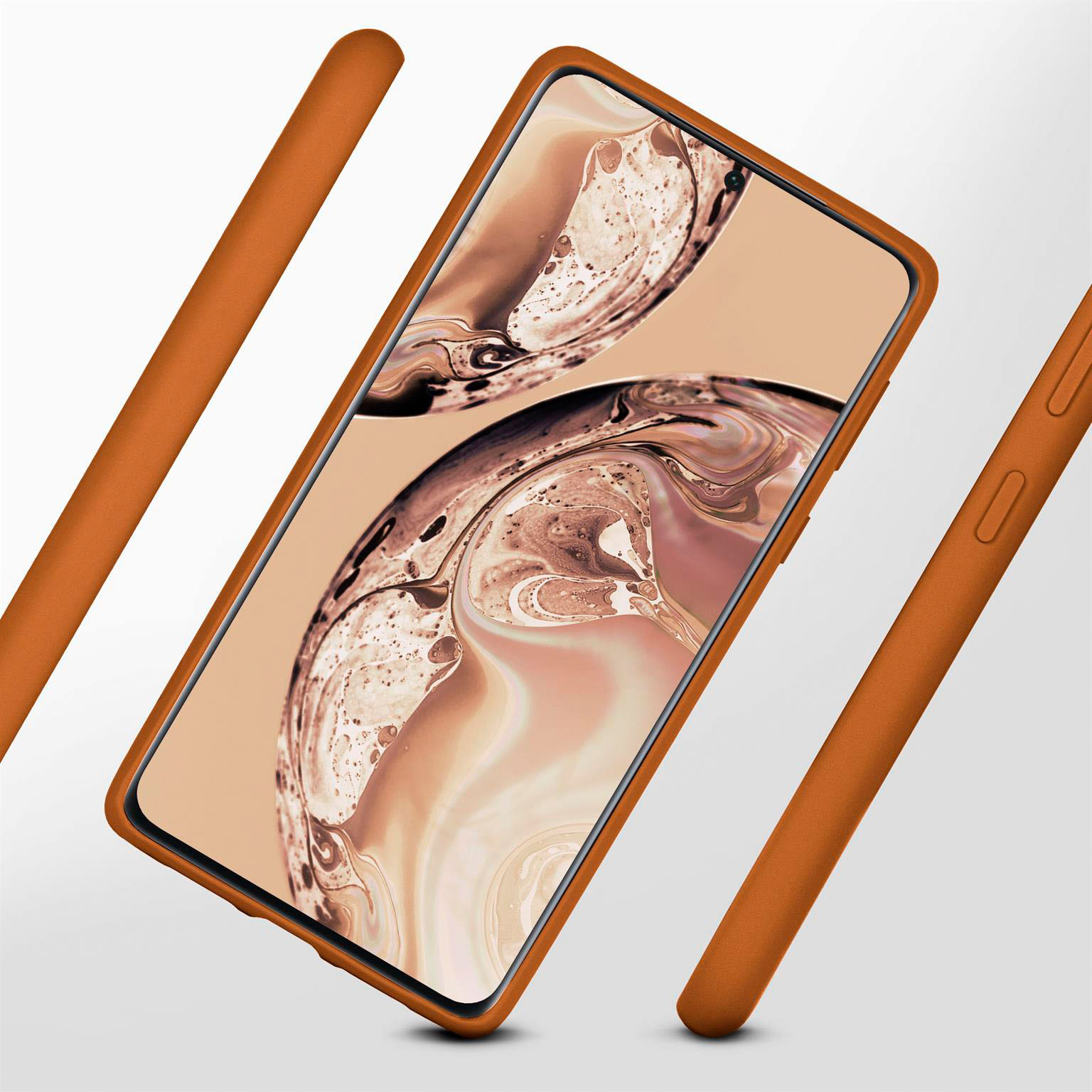 Orange Handyhülle mit Handy darin. Vertikale Stäbe an den Seiten.