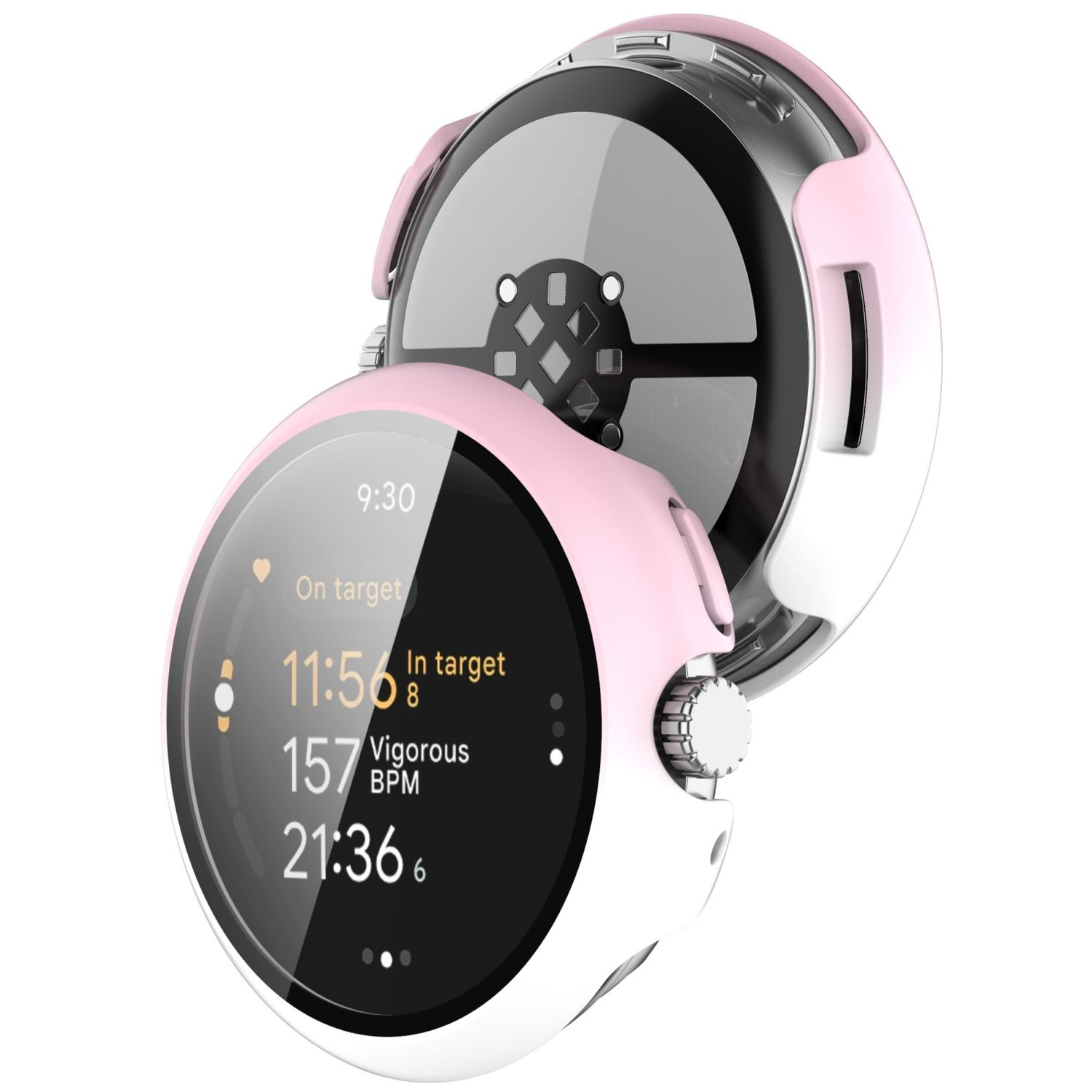 Pinkfarbene Smartwatch zeigt Zeit, Herzfrequenz und andere Daten.