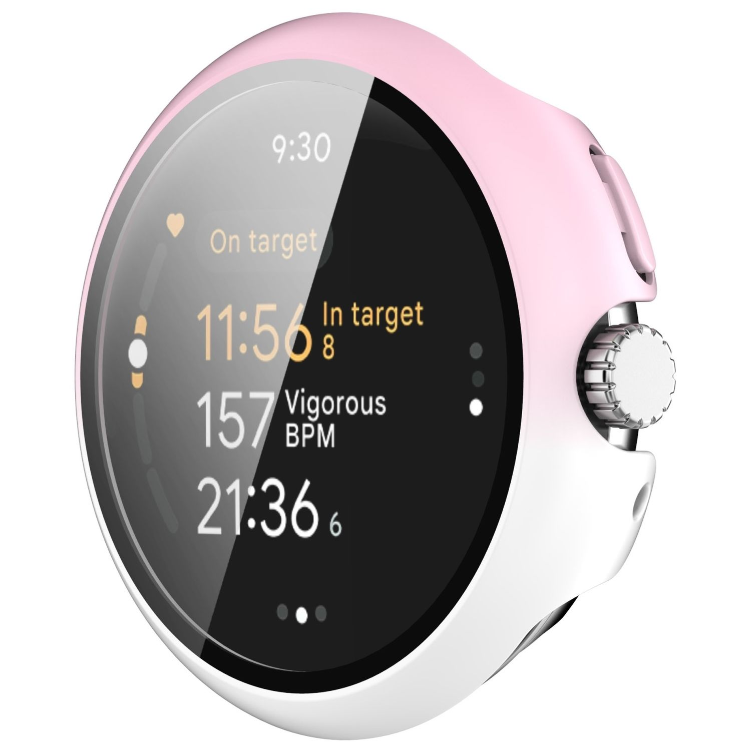 Smartwatch mit pink-weißem Ziffernblatt. Zeigt Zeit, Herzfrequenz und andere Gesundheitsmetriken an.