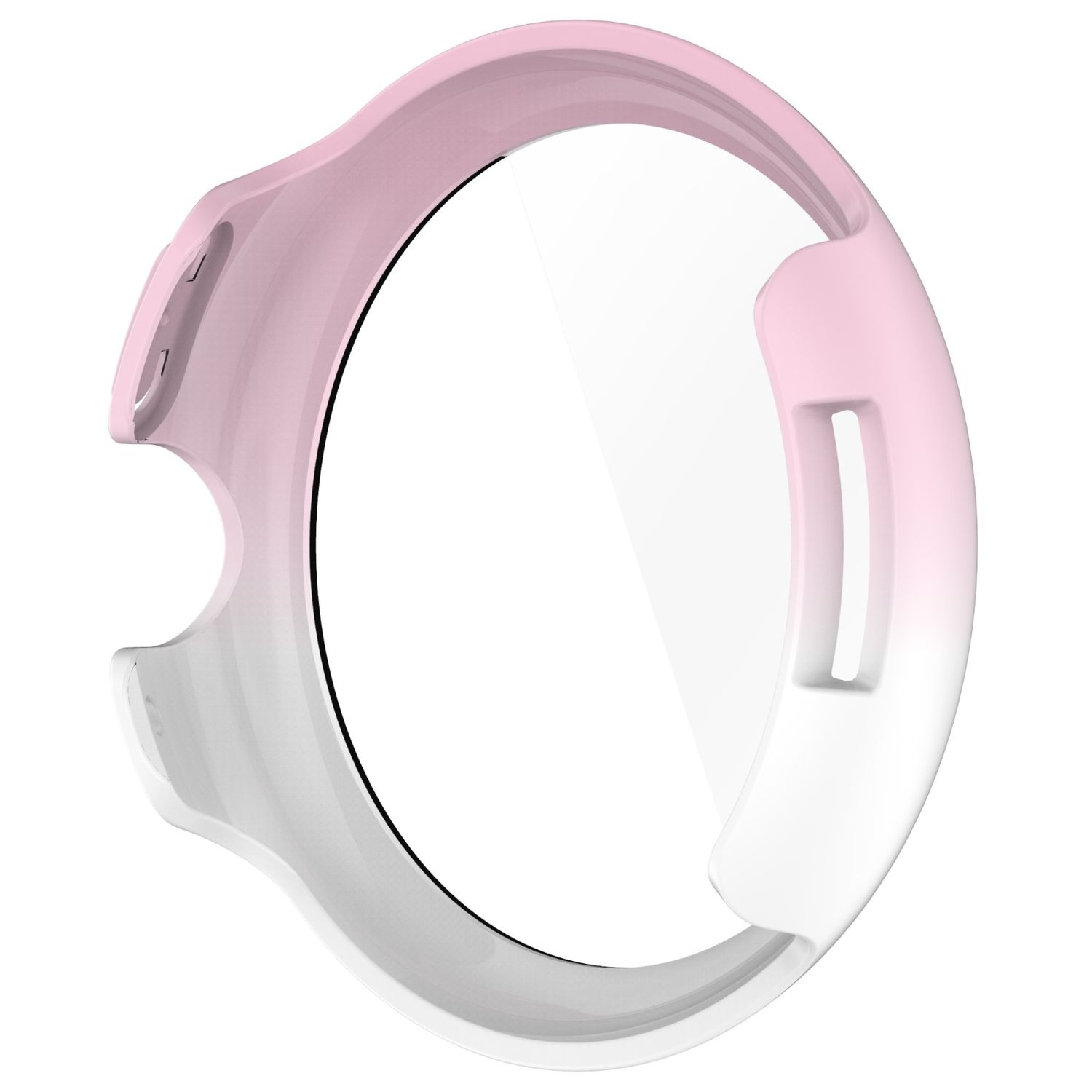 Ein hellrosa Smartwatch-Gehäuse mit einem durchsichtigen Displayschutz.