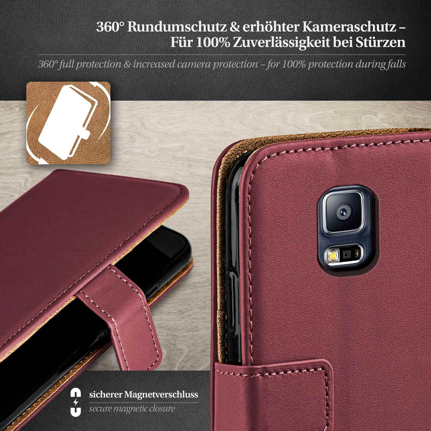 Handyhülle mit Telefon, rote Farbe. Text: 360° Schutz & erhöhter Kameraschutz - für Stürze.