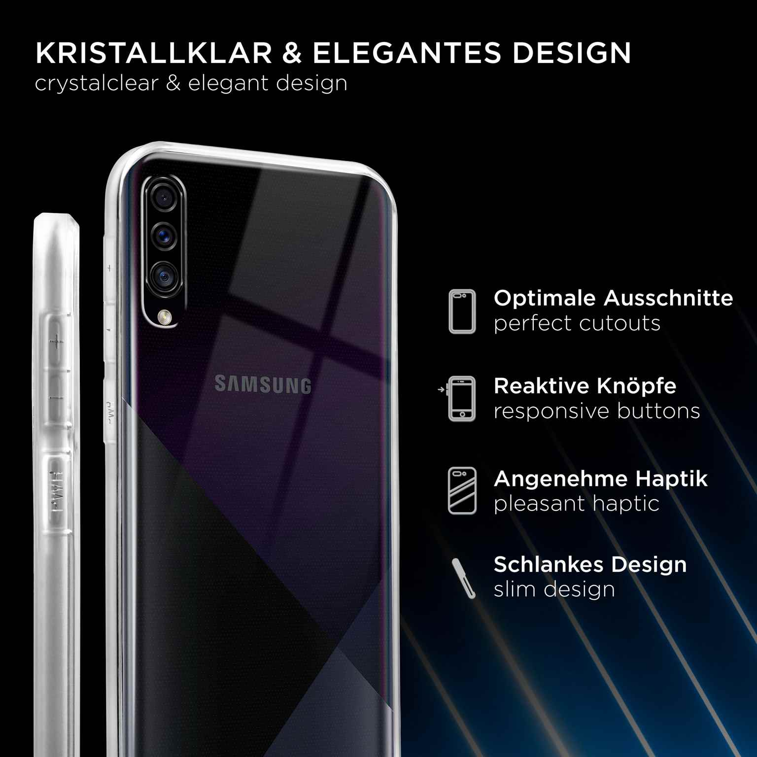 Eine transparente Handyhülle auf einem schwarzen Telefon, das Design zeigend.