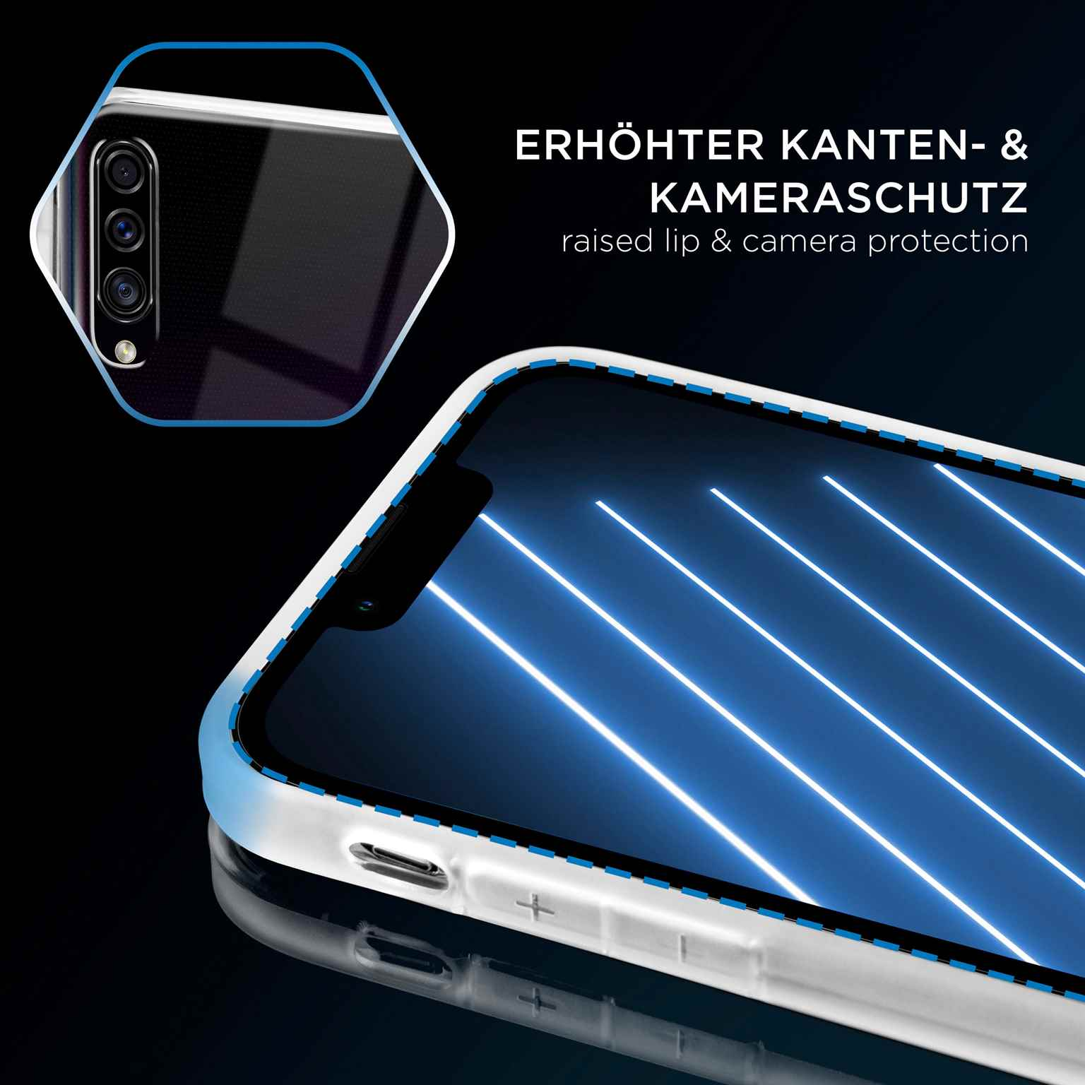 Nahaufnahme eines Telefons mit Displayschutz, der ein blaues Lichtmuster zeigt.