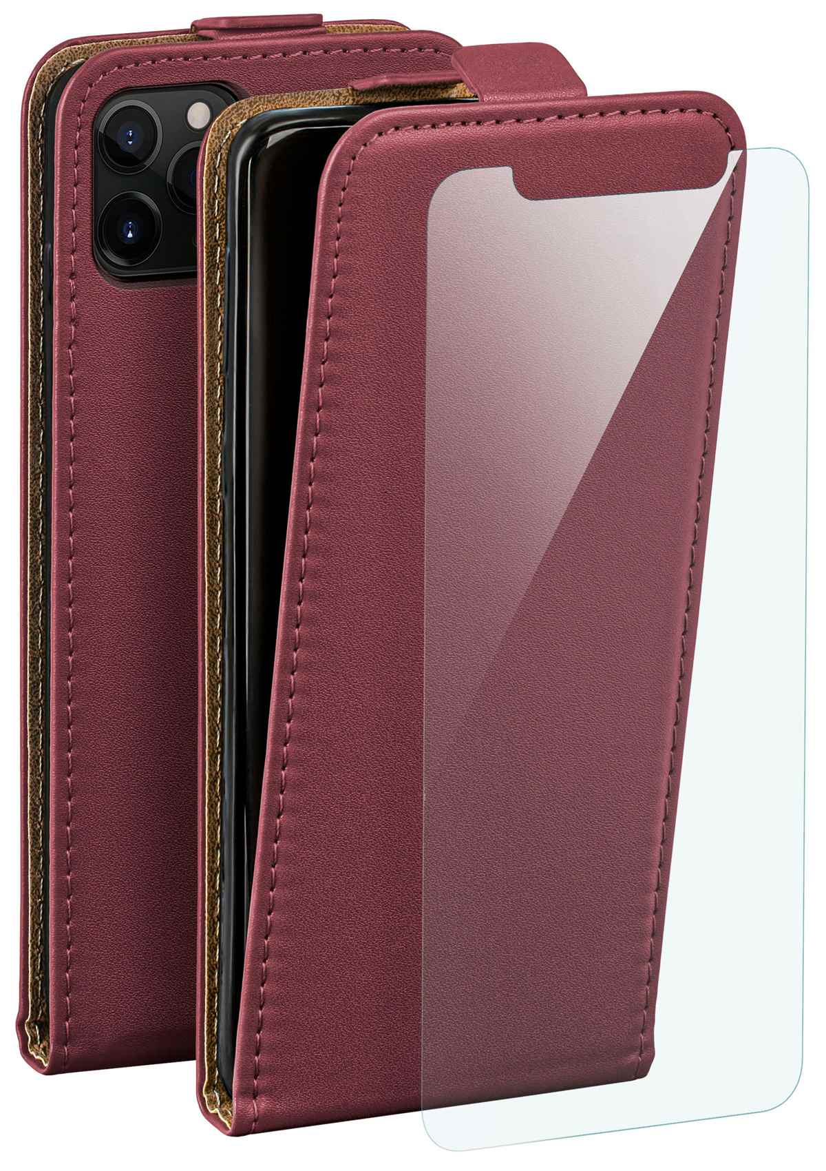 Bordeauxrote Leder-Handyhülle geöffnet mit Glas-Displayschutz. Telefon sichtbar. Steppdetails erkennbar.