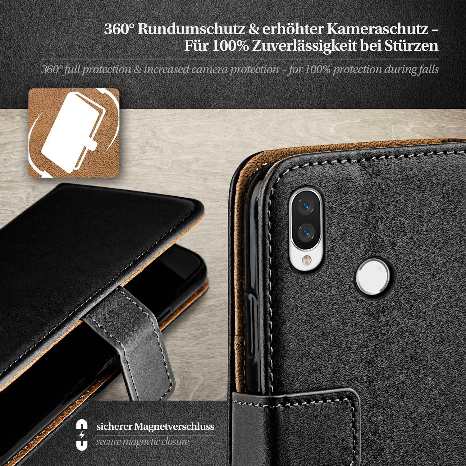 Ein Telefon in einer schwarzen Lederhülle mit Magnetverschluss, Nahaufnahme.