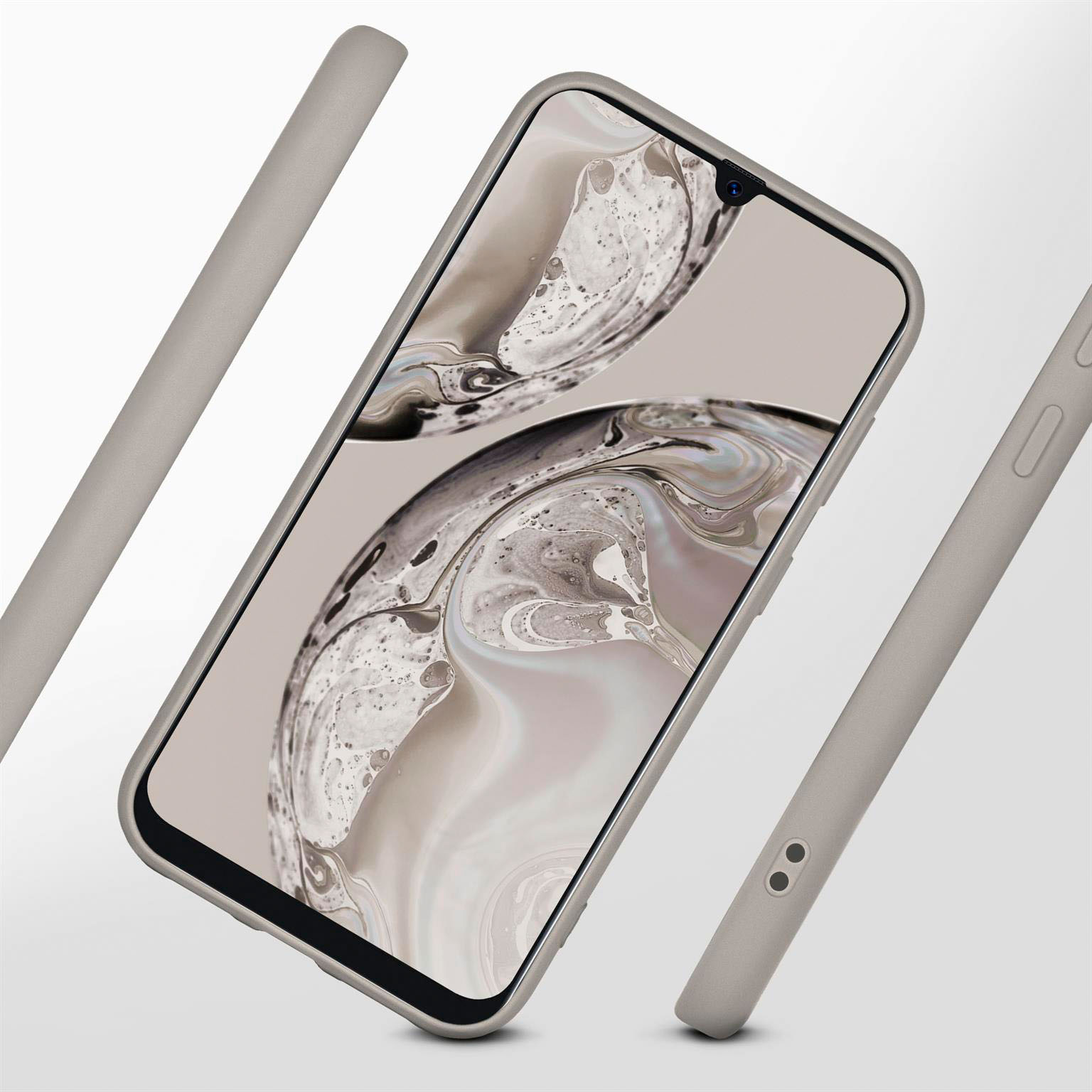 Eine hellgraue Handyhülle auf hellem Hintergrund, mit einem Telefon darin.