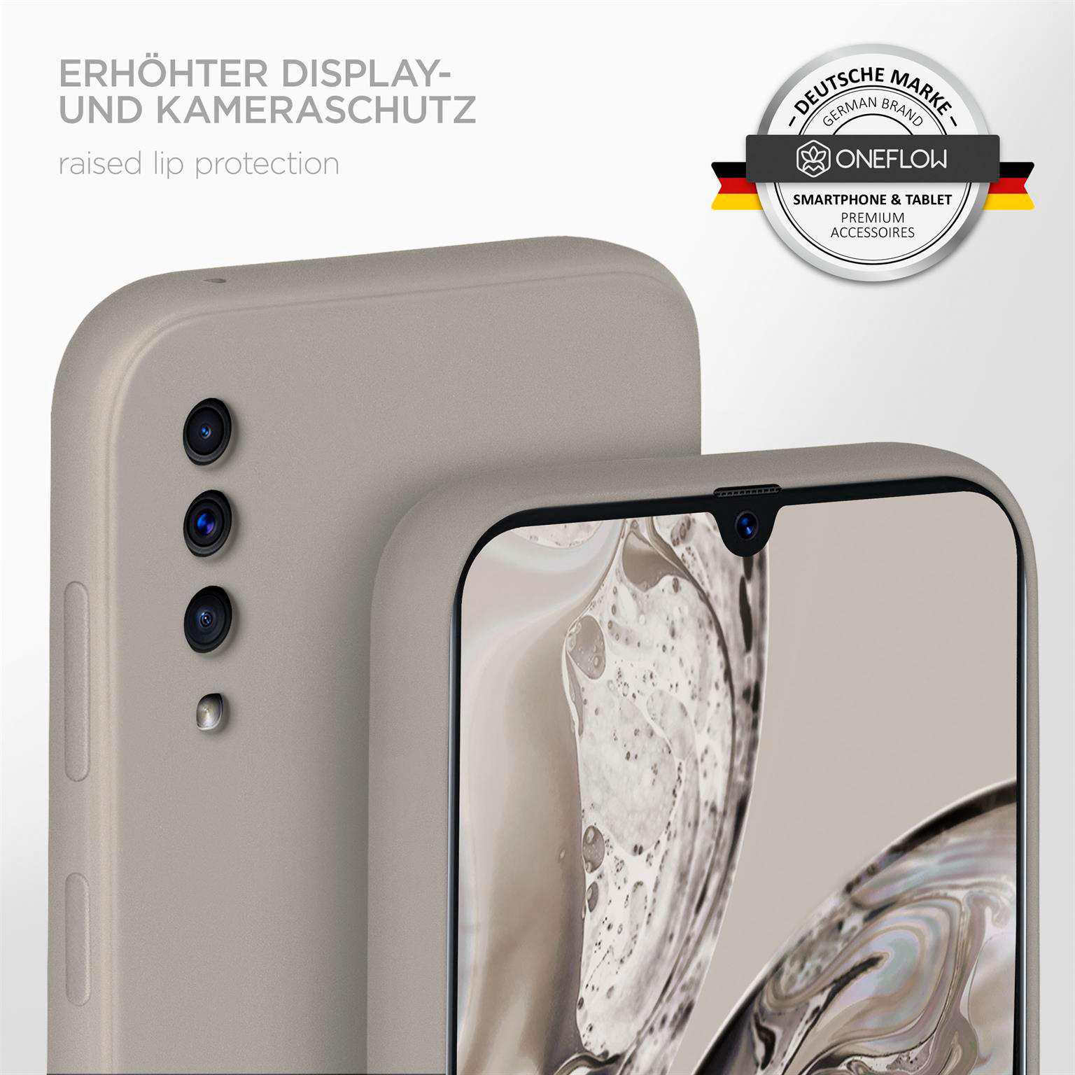 Ein Telefon in einer Hülle. Die Hülle hat erhöhte Ränder, um Display und Kameras zu schützen.