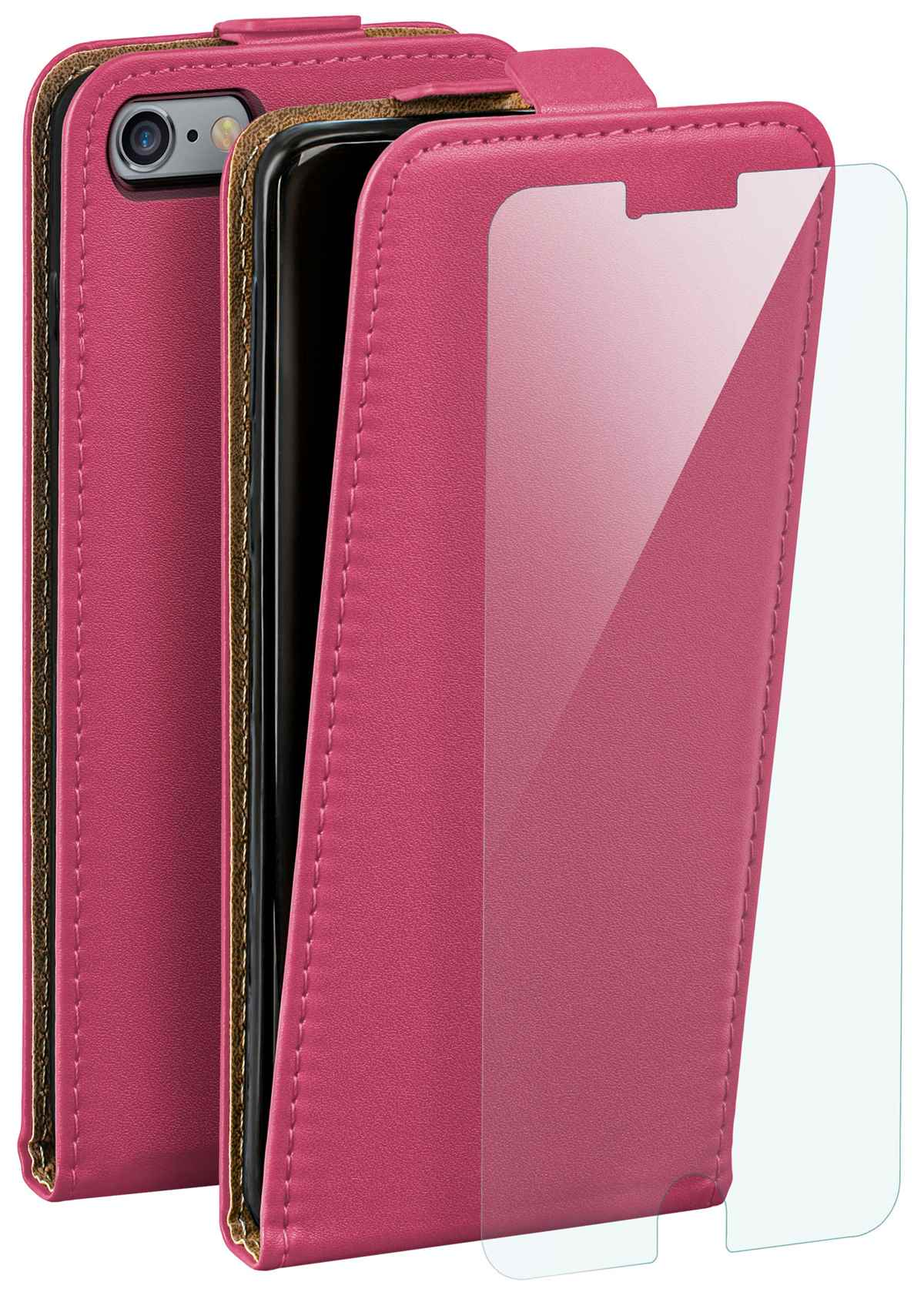 Rosa Handyhülle mit Displayschutz. Zeigt das Telefon im Inneren. Der Displayschutz ist klar.