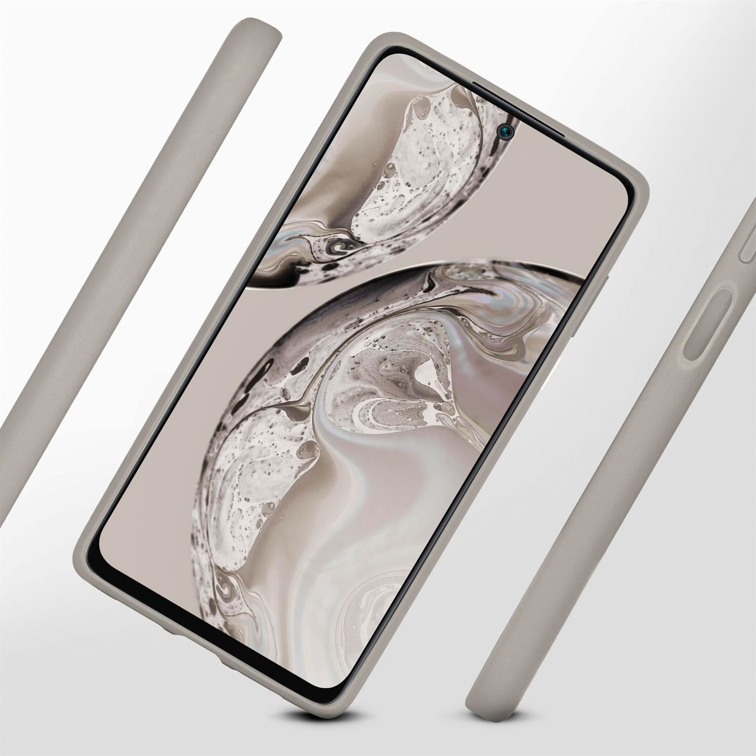 Telefon in Hülle, schräge Ansicht. Hülle um das Telefon. Drei Gehäuseteile gezeigt.