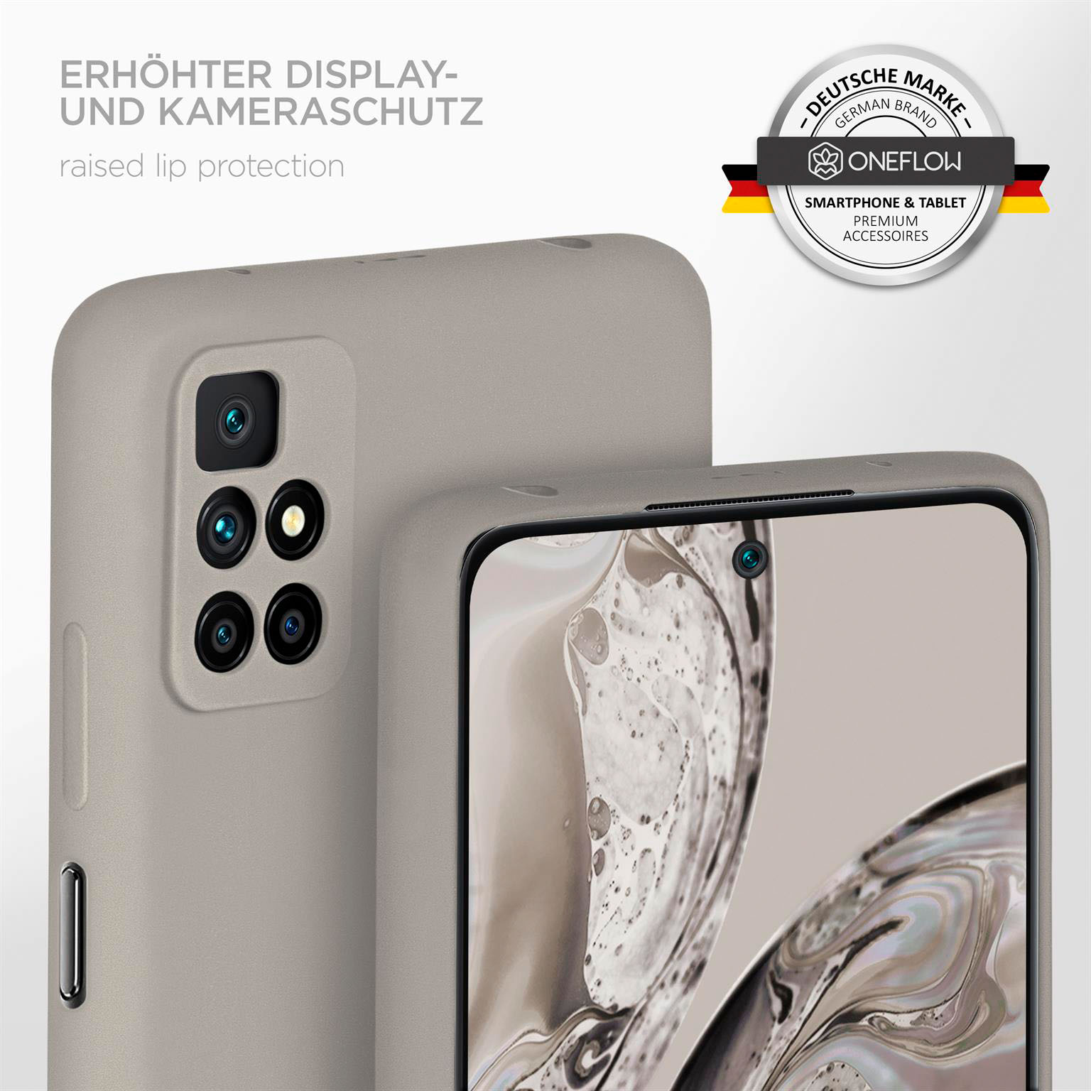 Beige Handyhülle mit erhöhtem Kameraschutz. Logo mit Smartphone & Tablet.
